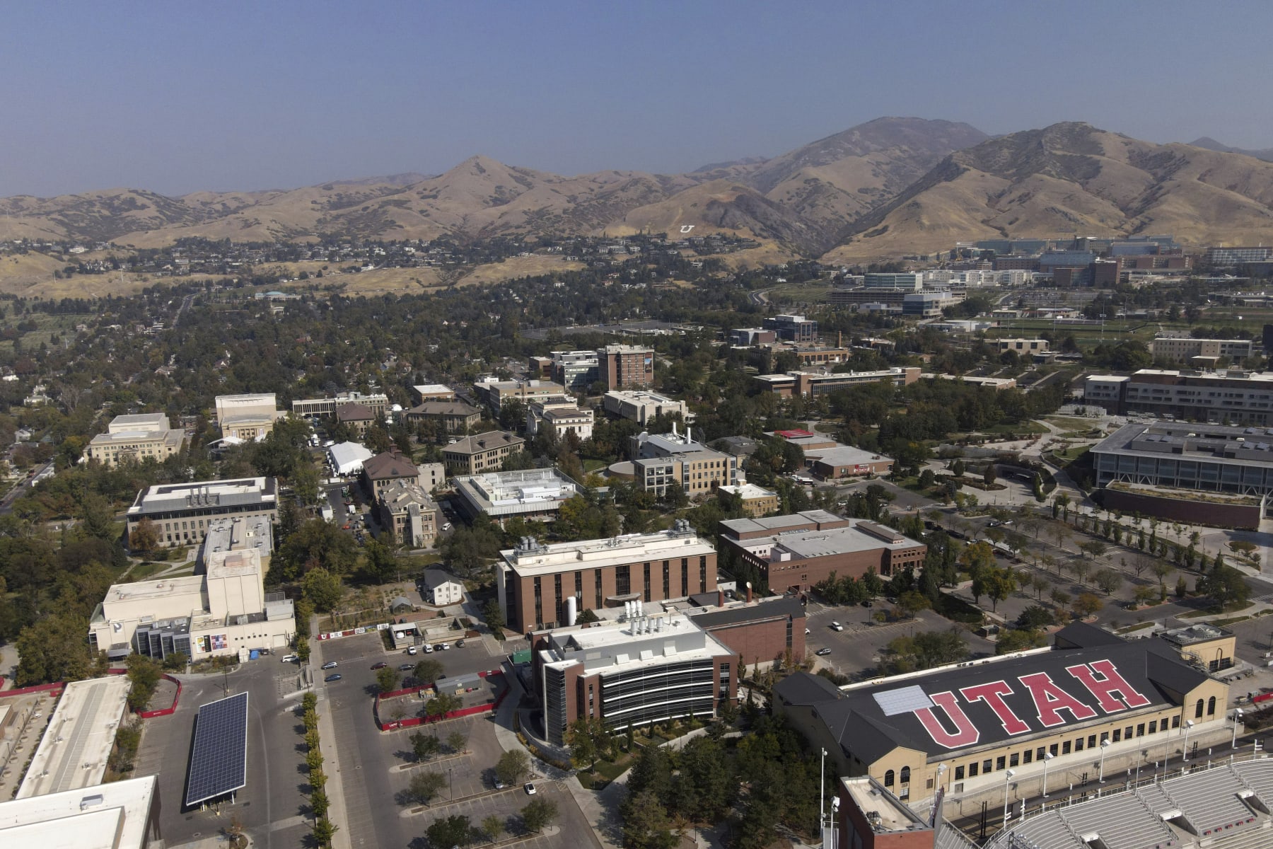 An aerial view shows the campus at the University of Utah, the site of the vice presidential debate, Sunday, Oct. 4, 2020, in Salt Lake City. Republican candidate Vice President Mike Pence will debate Democratic candidate Kamala Harris on Oct. 7. (AP Photo/Julio Cortez)