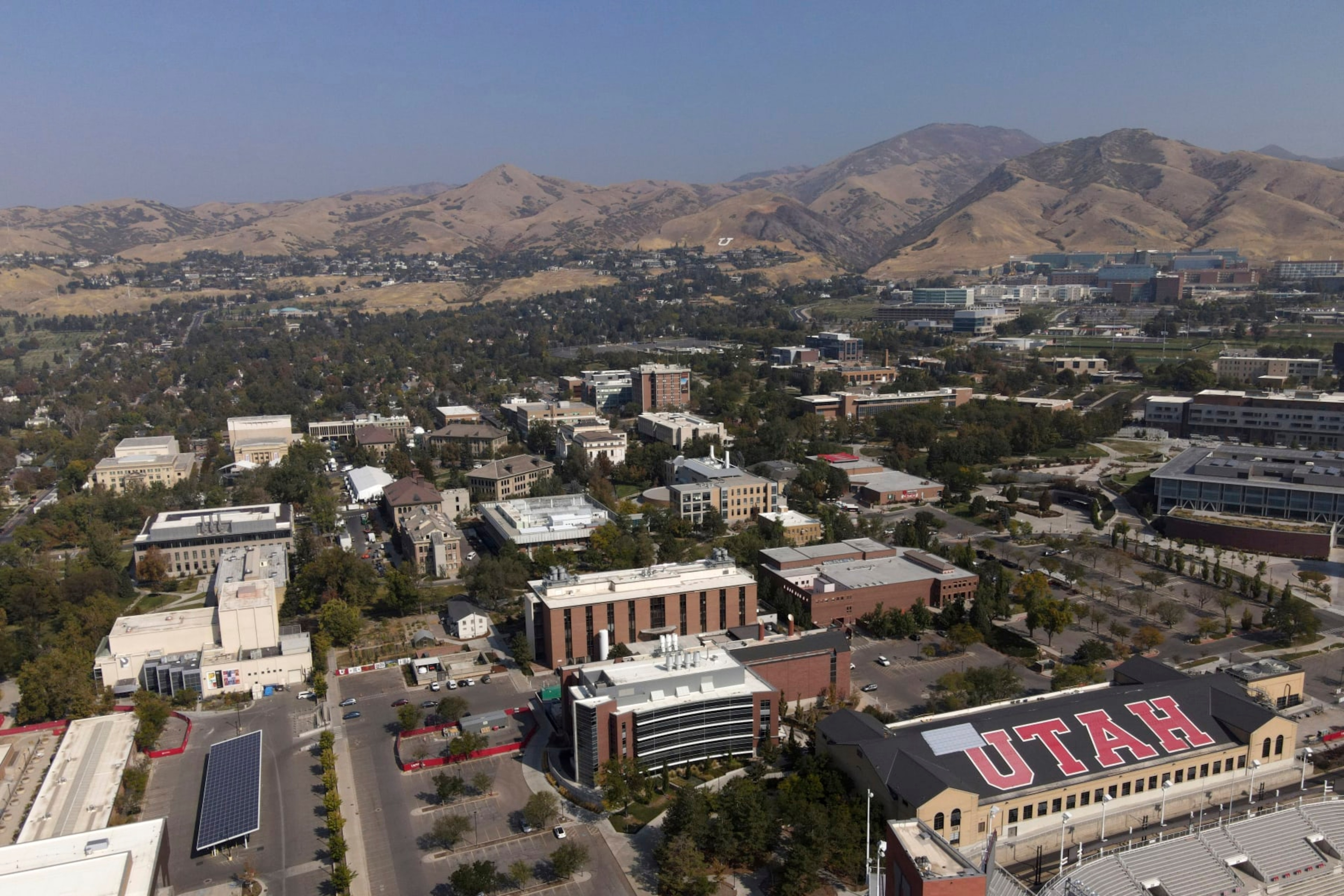 An aerial view shows the campus at the University of Utah, the site of the vice presidential debate, Sunday, Oct. 4, 2020, in Salt Lake City. Republican candidate Vice President Mike Pence will debate Democratic candidate Kamala Harris on Oct. 7. (AP Photo/Julio Cortez)
