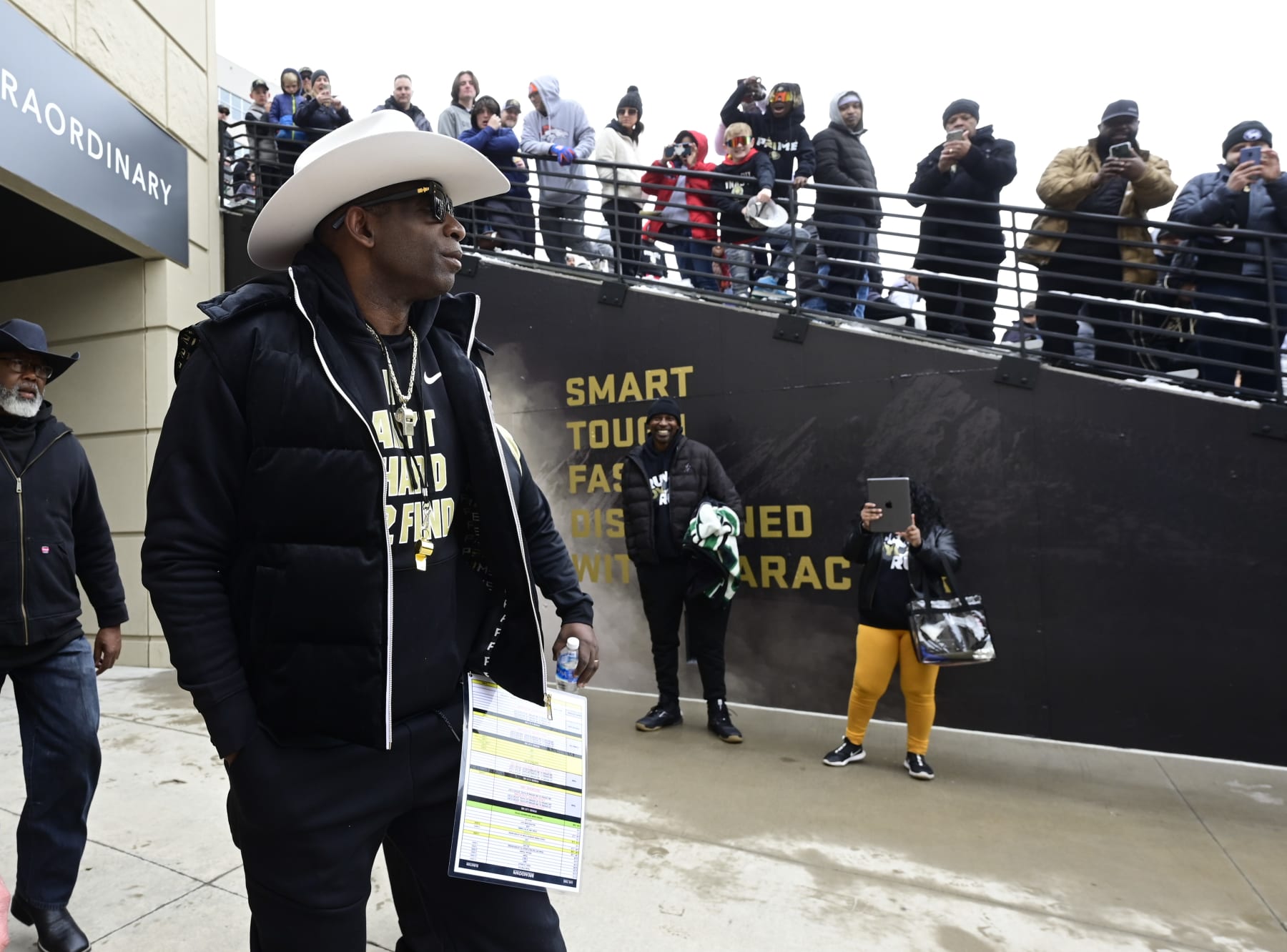 BOULDER, CO - APRIL 22: University of Colorado Buffaloes head coach Deion Sanders takes the field for warmups before the Black and Gold game at Folsom Field April 22, 2023. (Photo by Andy Cross/MediaNews Group/The Denver Post via Getty Images)