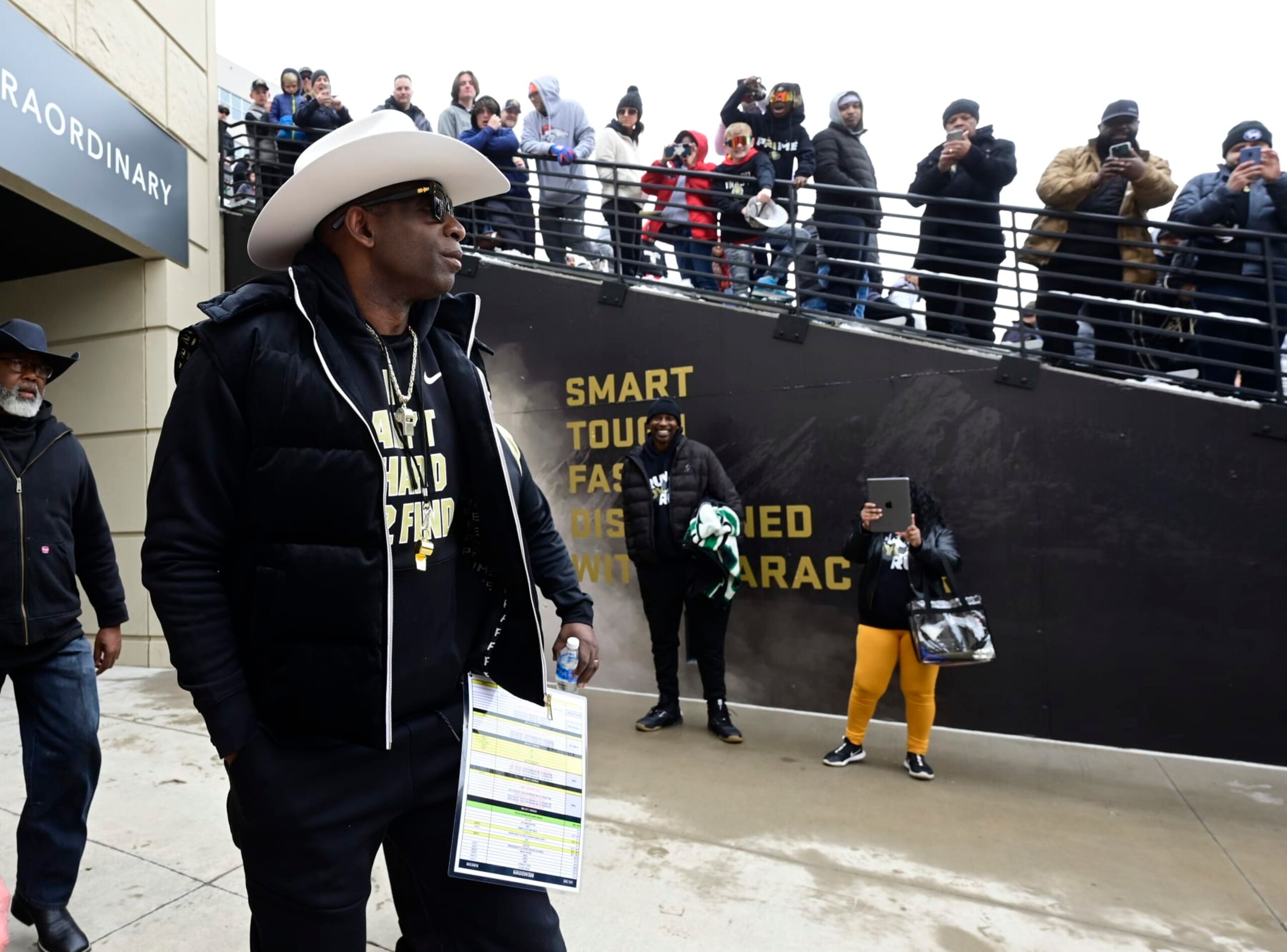 BOULDER, CO - APRIL 22: University of Colorado Buffaloes head coach Deion Sanders takes the field for warmups before the Black and Gold game at Folsom Field April 22, 2023. (Photo by Andy Cross/MediaNews Group/The Denver Post via Getty Images)