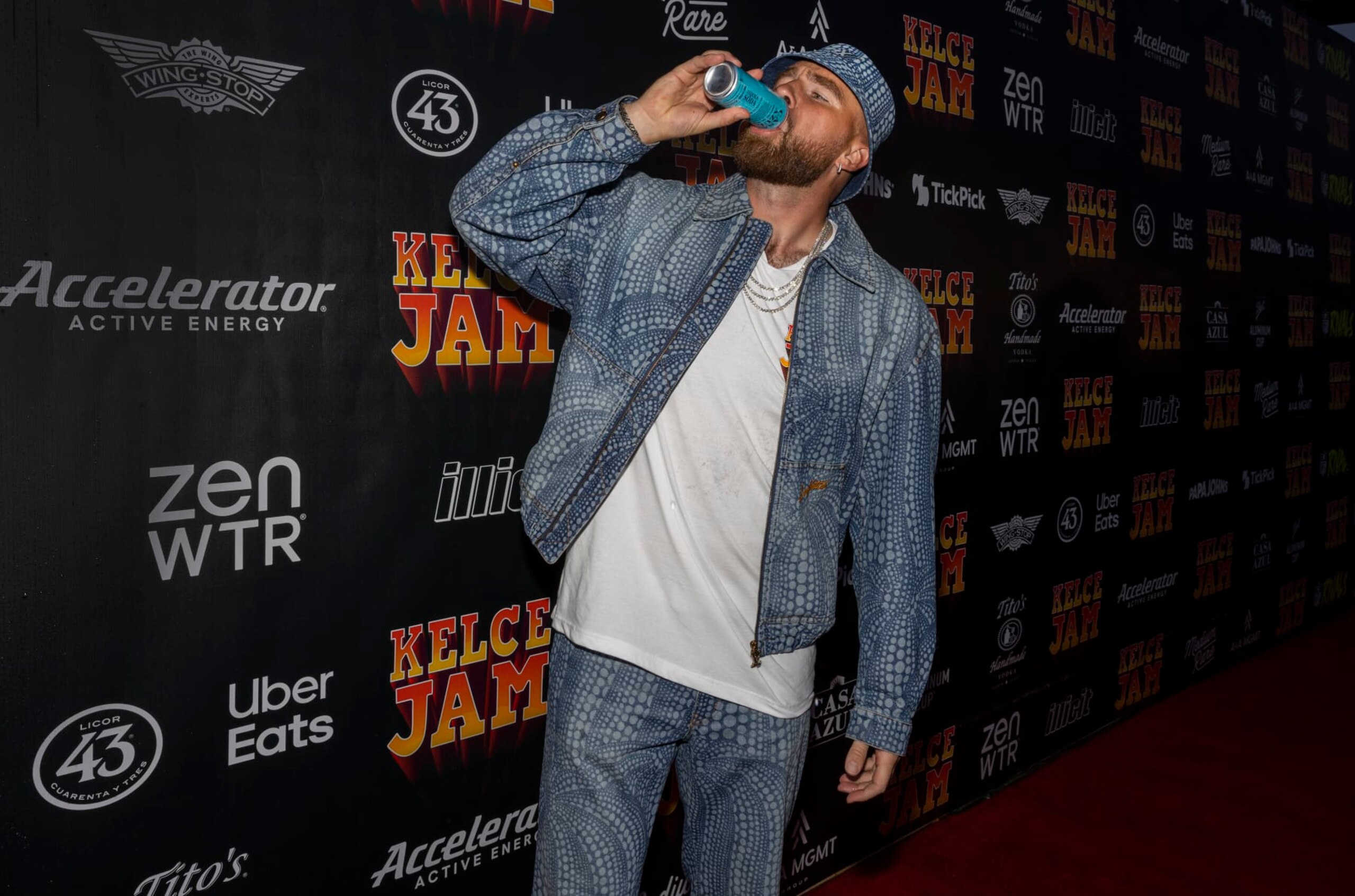 BONNER SPRINGS, KANSAS - APRIL 28: Travis Kelce during the Kelce Jam at Azura Amphitheatre on April 28, 2023 in Bonner Springs, Kansas. (Photo by Barry Brecheisen/Getty Images)