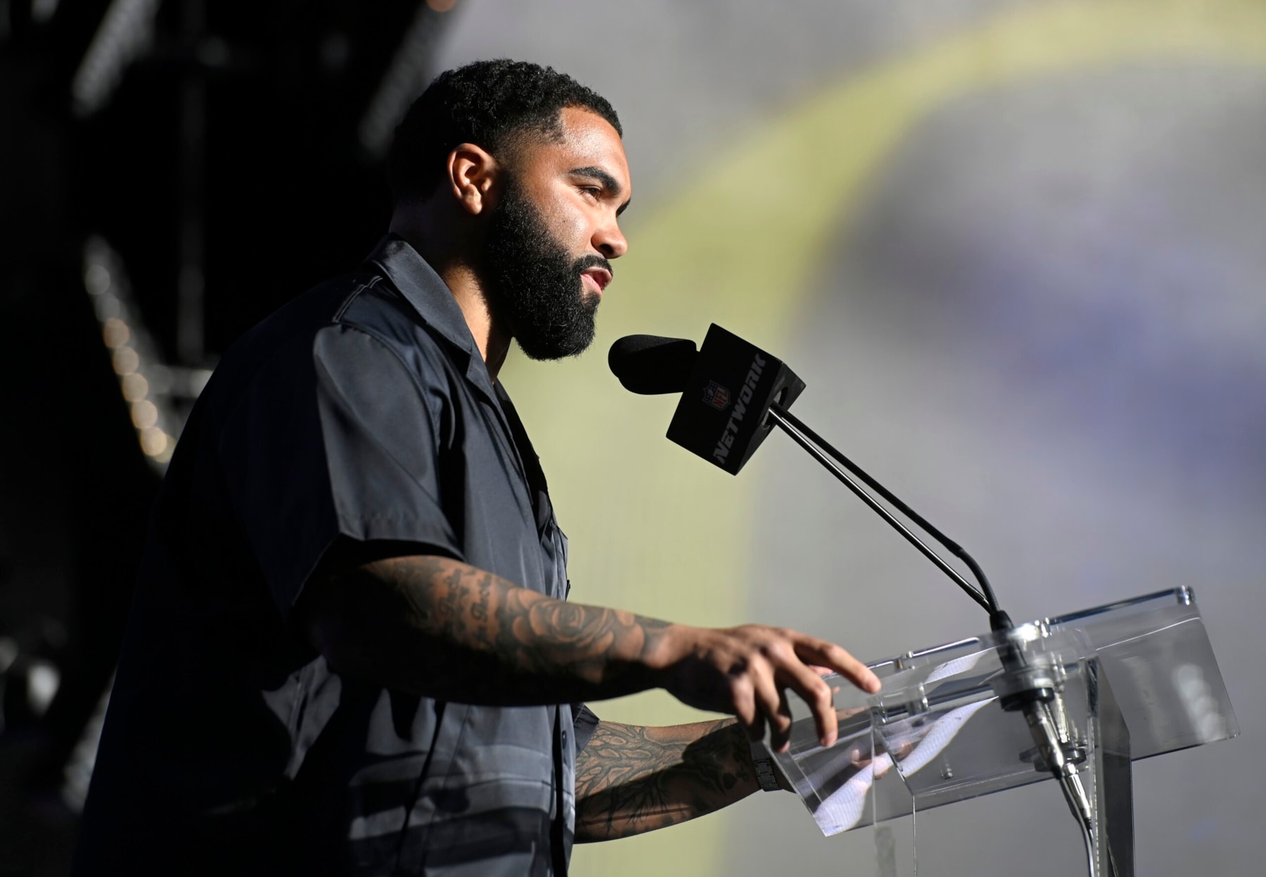 LAS VEGAS, NEVADA - APRIL 29: Gable Steveson announces the Minnesota Vikings' 59th overall pick during round two of the 2022 NFL Draft on April 29, 2022 in Las Vegas, Nevada. (Photo by David Becker/Getty Images)