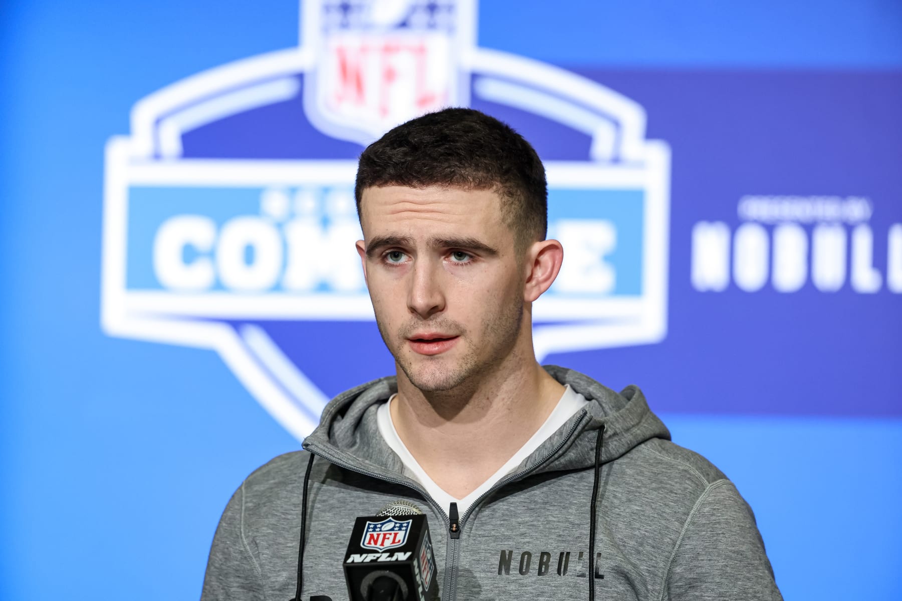 INDIANAPOLIS, IN - MARCH 03: Quarterback Stetson Bennett of Georgia speaks to the media during the NFL Combine at Lucas Oil Stadium on March 3, 2023 in Indianapolis, Indiana. (Photo by Michael Hickey/Getty Images)