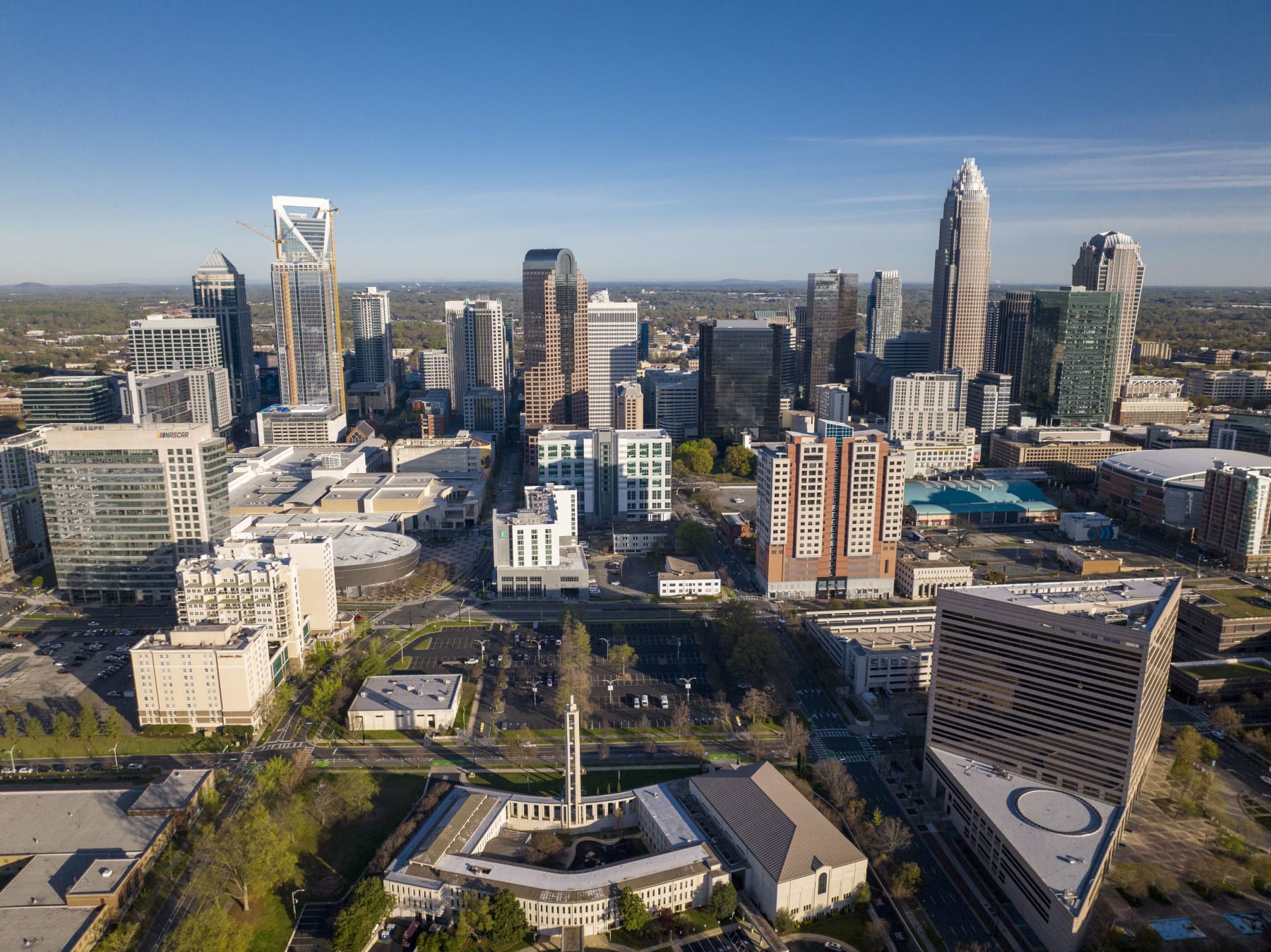 Aerial View of Charlotte, North Carolina on clear day showing highways and skyline. (Photo by: Visions of America/Joseph Sohm/UCG/Universal Images Group via Getty Images)
