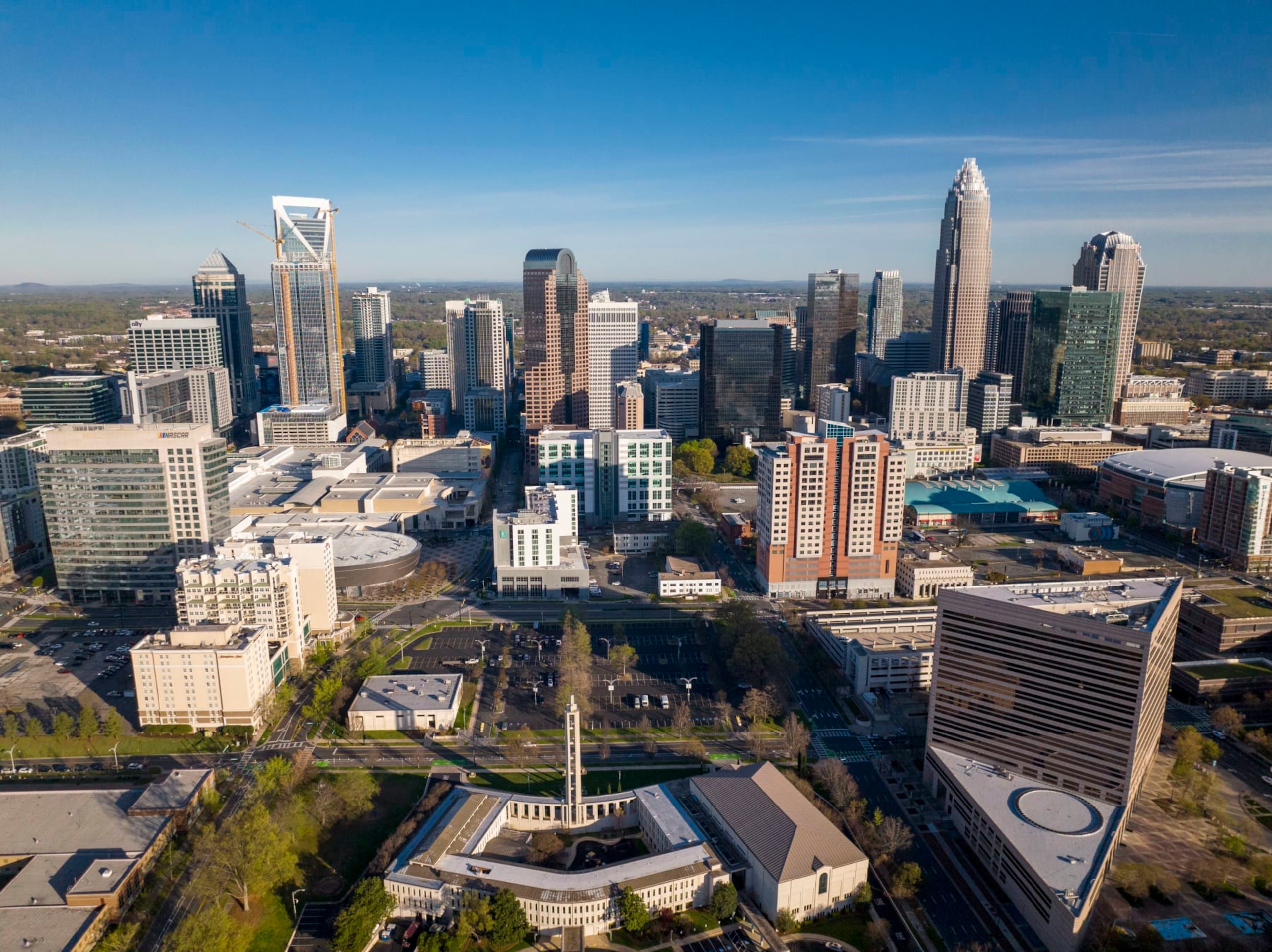 Aerial View of Charlotte, North Carolina on clear day showing highways and skyline. (Photo by: Visions of America/Joseph Sohm/UCG/Universal Images Group via Getty Images)