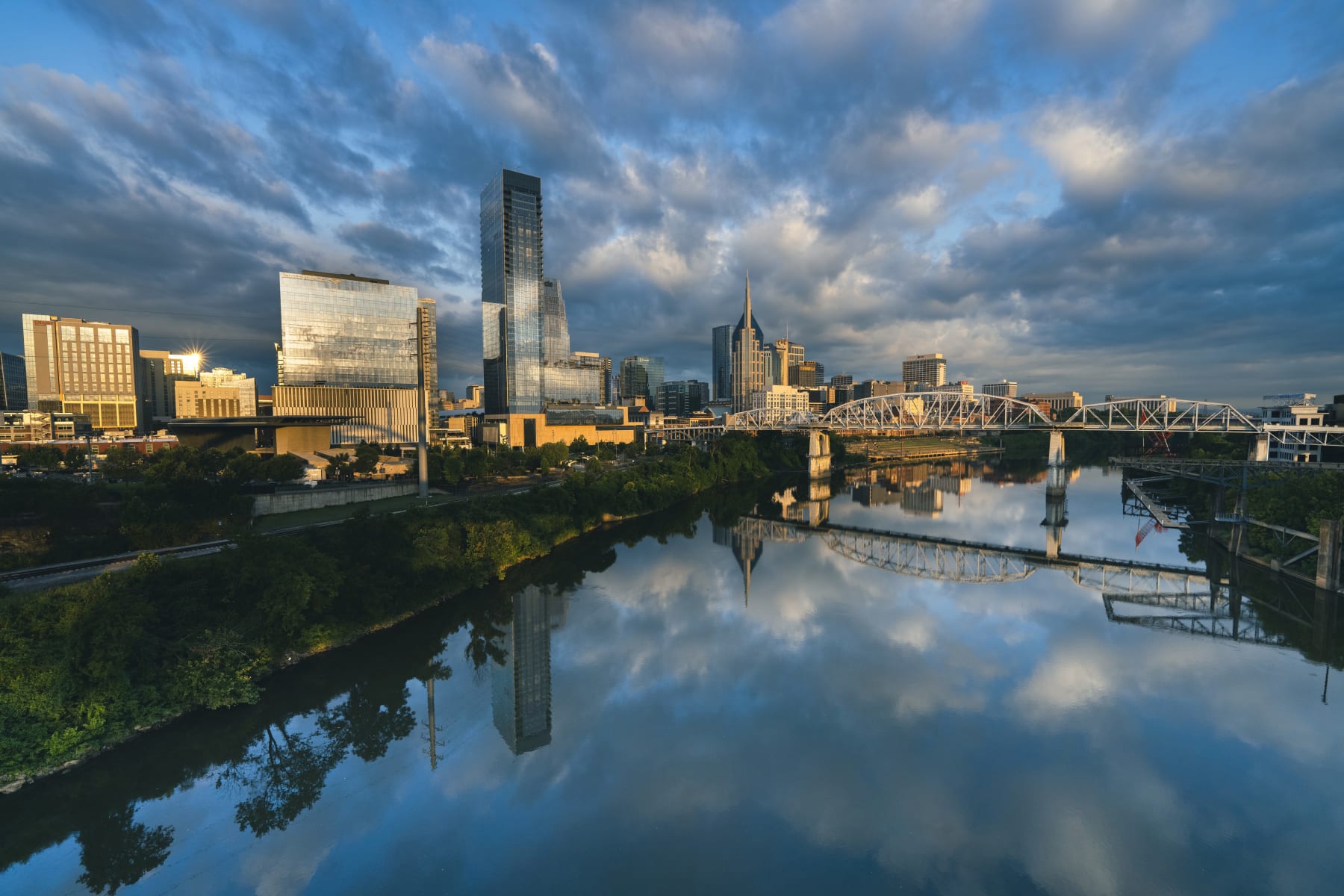 Sunset to night view of Nashville Skyline as seen over the Cumberland River. (Photo by: Joe Sohm/Visions of America/Universal Images Group via Getty Images)