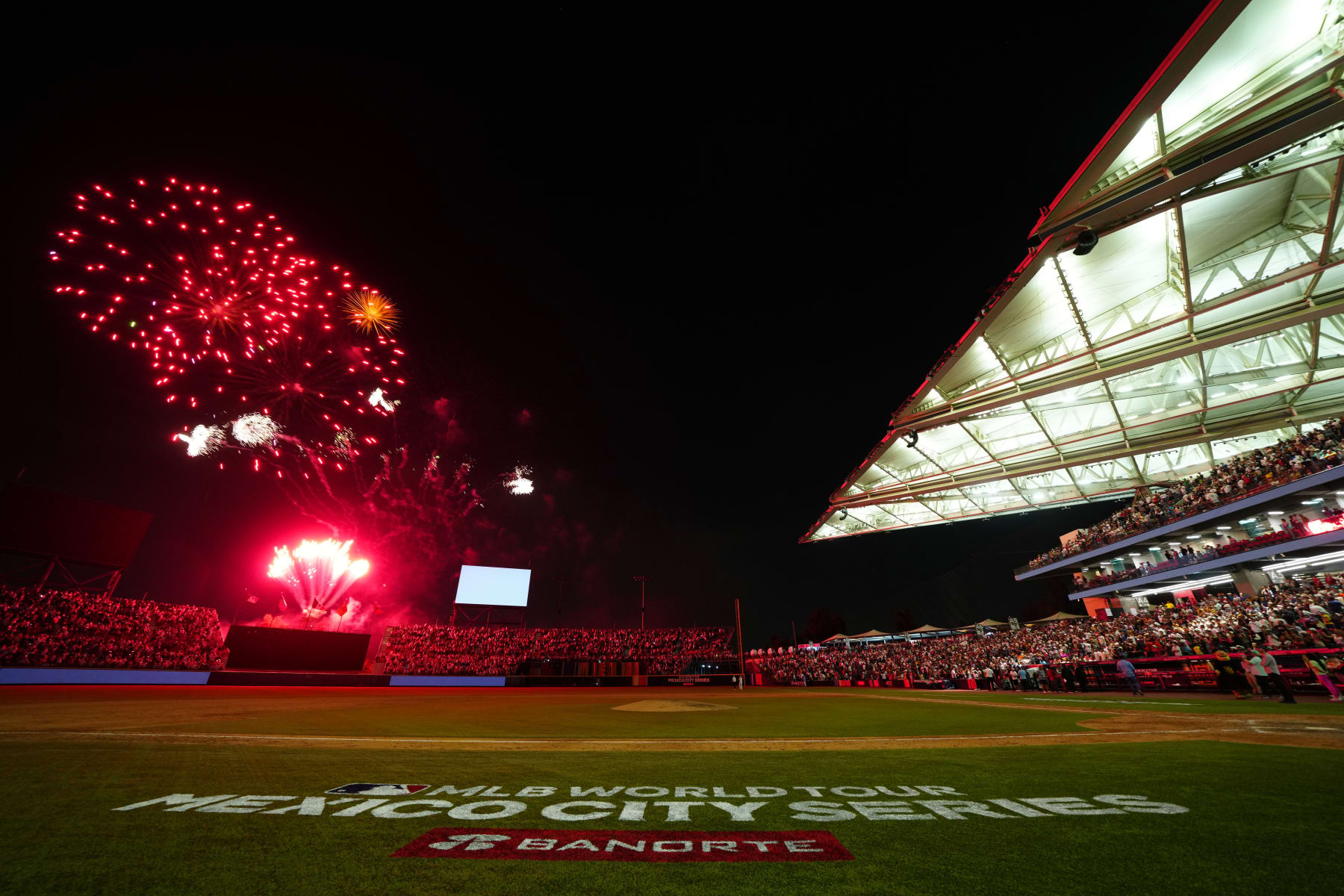 MEXICO CITY, MEXICO - APRIL 29:  A general view of fireworks after the game between the San Francisco Giants and the San Diego Padres at Alfredo Harp Helú Stadium on Saturday, April 29, 2023 in Mexico City, Mexico. (Photo by Daniel Shirey/MLB Photos via Getty Images)