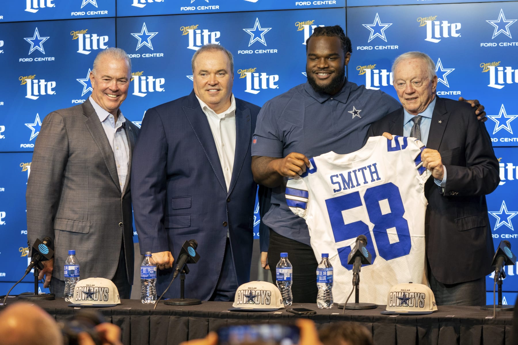 Cowboys CEO Stephen Jones, head coach Mike McCarthy and owner Jerry Jones with new DT Mazi Smith Cowboys CEO Stephen Jones, head coach Mike McCarthy and owner Jerry Jones with new DT Mazi Smith