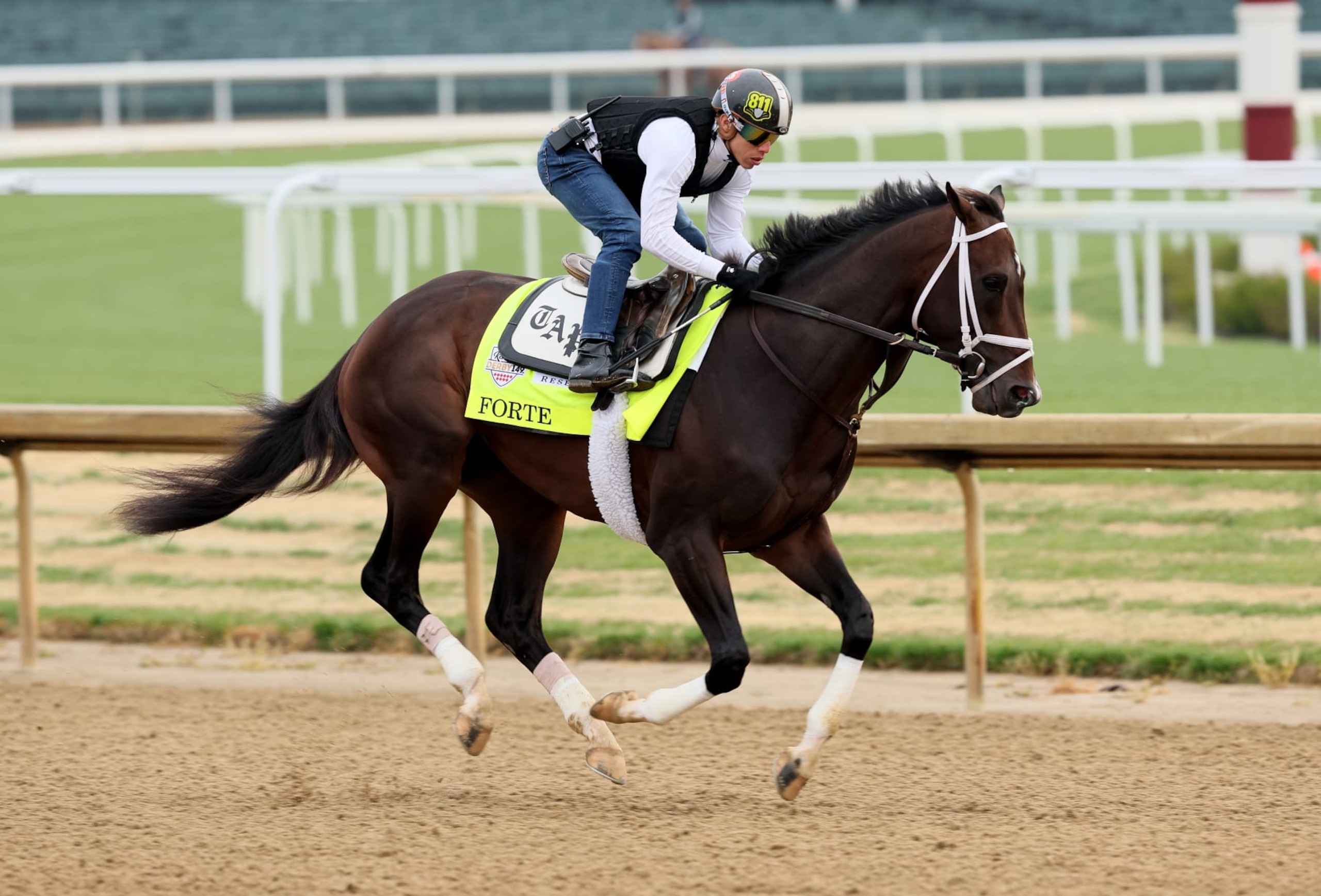 LOUISVILLE, KENTUCKY - APRIL 29: Forte with jockey Irad Ortiz Jr. aboard runs on the track during the morning training for the Kentucky Derby at Churchill Downs on April 29, 2023 in Louisville, Kentucky. (Photo by Andy Lyons/Getty Images)