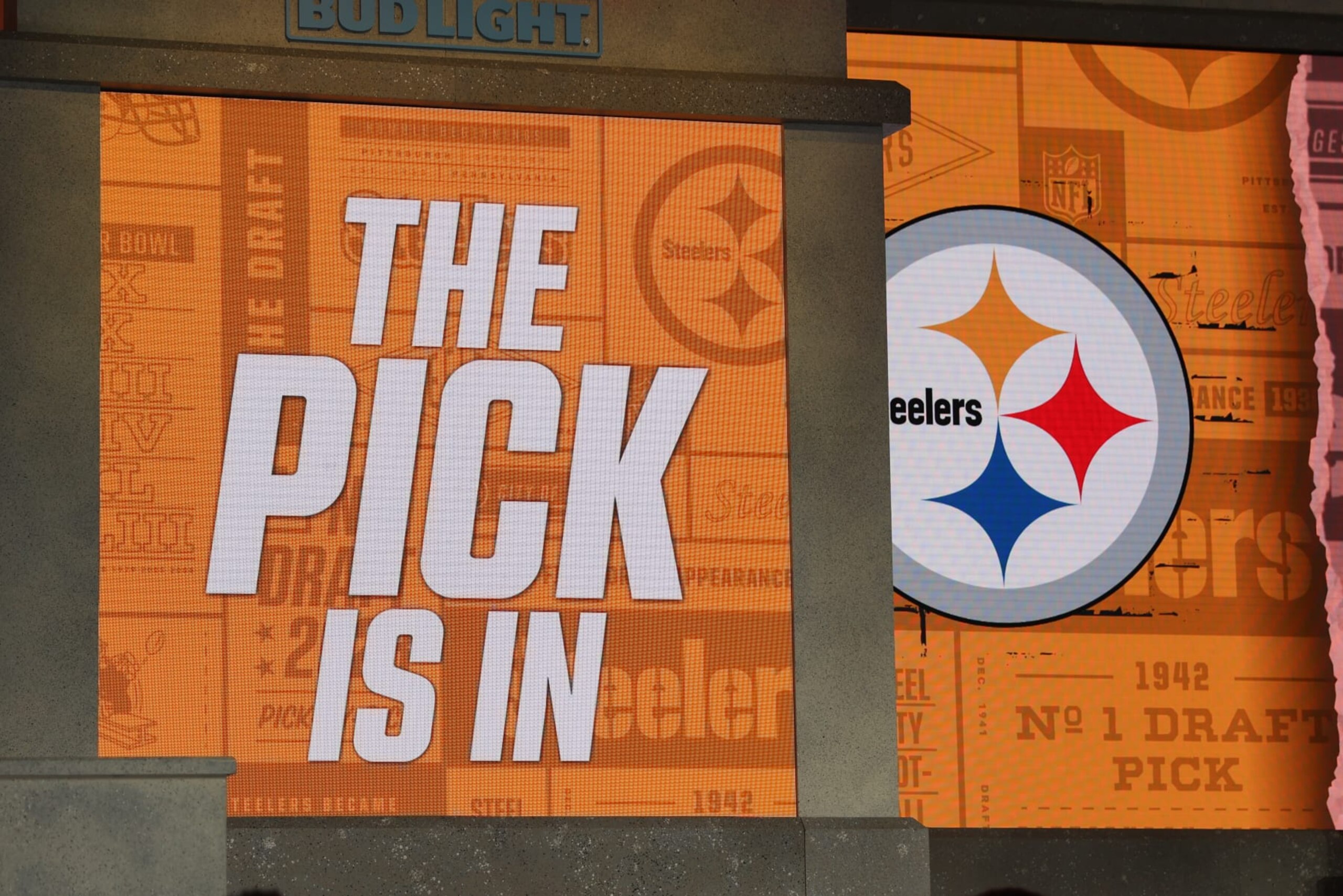 KANSAS CITY, MO - APRIL 27: A view of the Pittsburgh Steelers logo as the screen reads "The Pick Is In" in the first round of the NFL Draft on April 27, 2023 at Union Station in Kansas City, MO. (Photo by Scott Winters/Icon Sportswire via Getty Images) KANSAS CITY, MO - APRIL 27: A view of the Pittsburgh Steelers logo as the screen reads "The Pick Is In" in the first round of the NFL Draft on April 27, 2023 at Union Station in Kansas City, MO. (Photo by Scott Winters/Icon Sportswire via Getty Images)