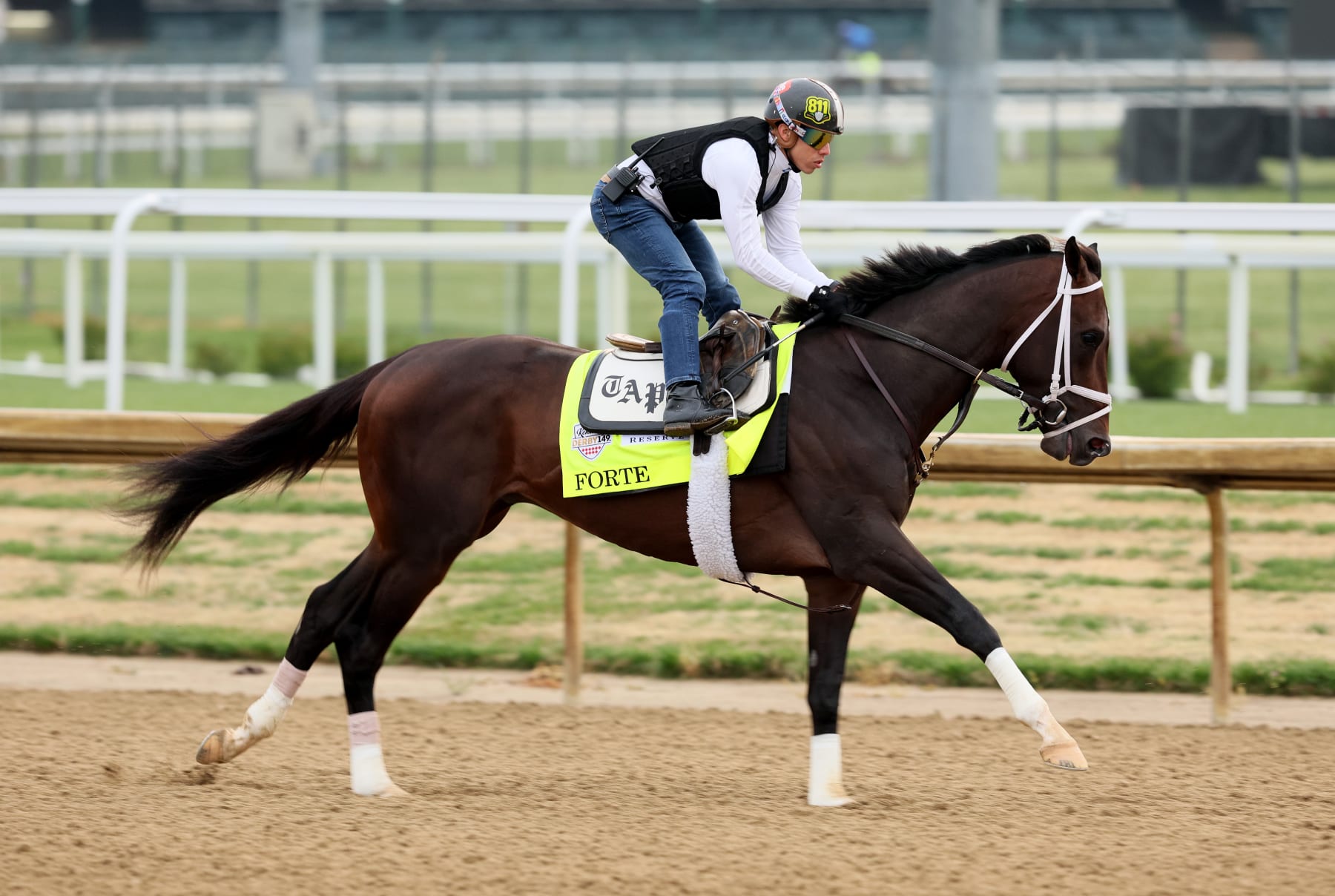 LOUISVILLE, KENTUCKY - APRIL 29: Forte with jockey Irad Ortiz Jr. aboard runs on the track during the morning training for the Kentucky Derby at Churchill Downs on April 29, 2023 in Louisville, Kentucky. (Photo by Andy Lyons/Getty Images)