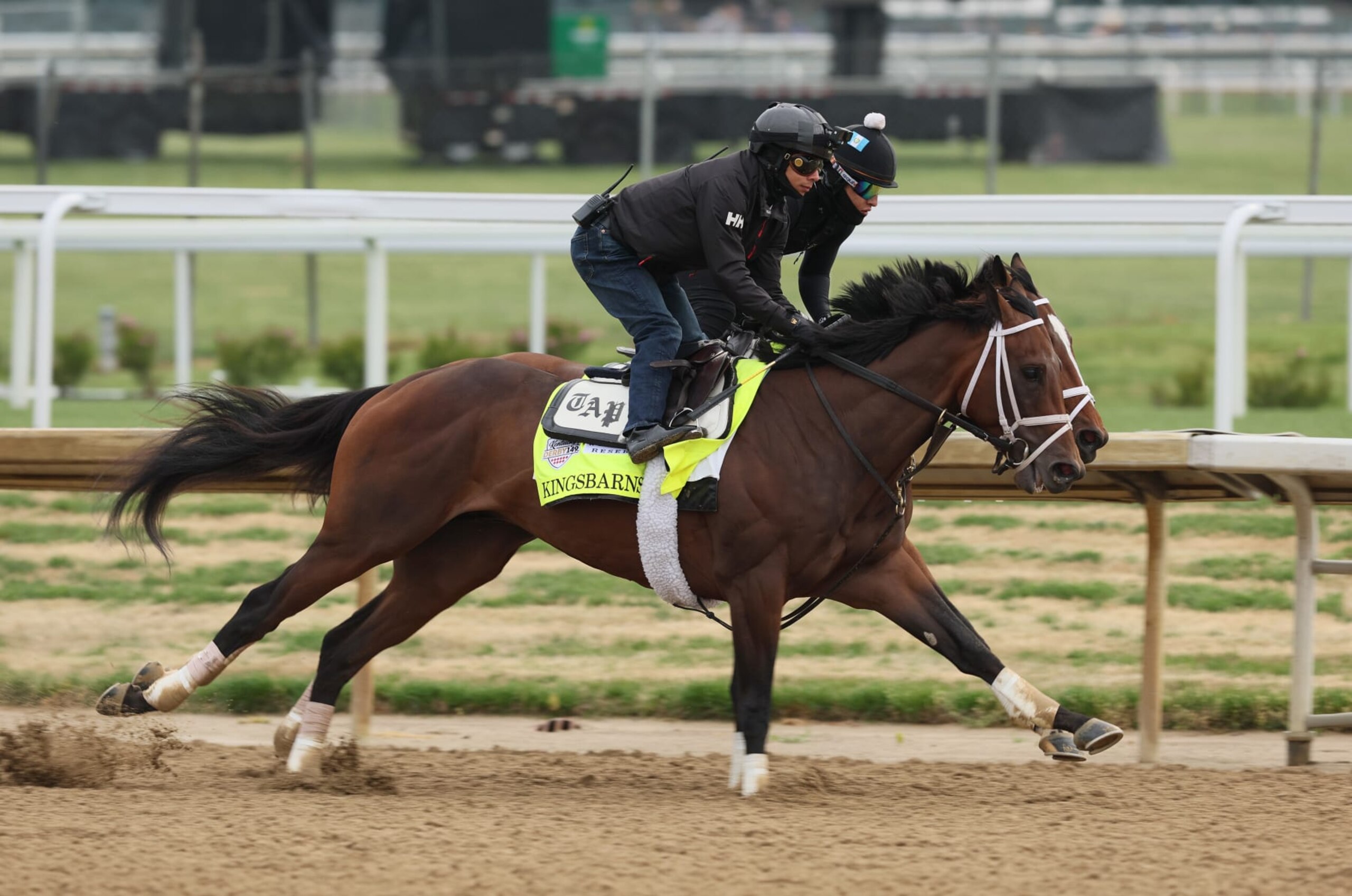 LOUISVILLE, KENTUCKY - APRIL 29: Kingsbarns runs on the track during the morning training for the Kentucky Derby at Churchill Downs on April 29, 2023 in Louisville, Kentucky. (Photo by Andy Lyons/Getty Images)
