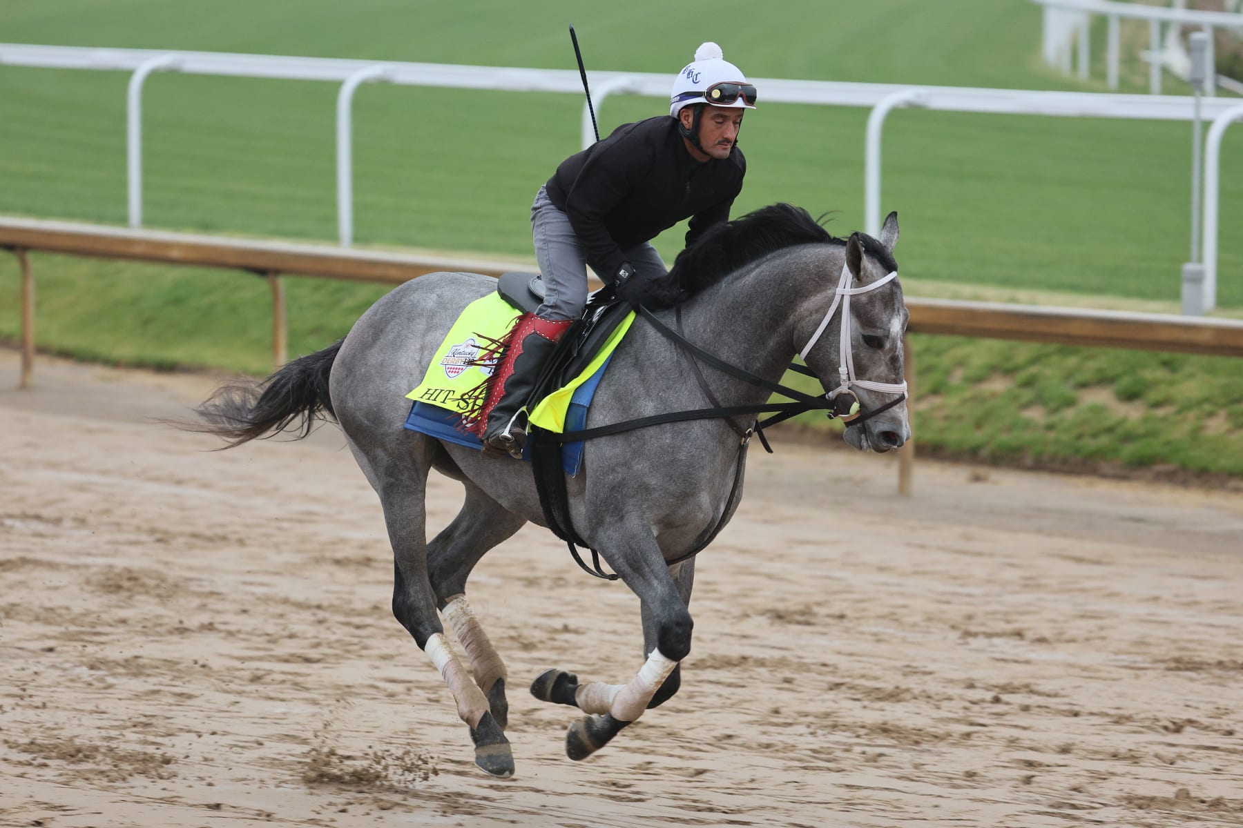 LOUISVILLE, KENTUCKY - APRIL 28: Hit Show runs on the track during the morning training for the Kentucky Derby at Churchill Downs on April 28, 2023 in Louisville, Kentucky. (Photo by Andy Lyons/Getty Images)