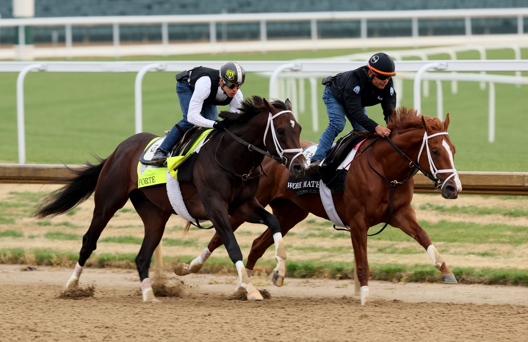 LOUISVILLE, KENTUCKY - APRIL 29: Forte with jockey Irad Ortiz Jr. aboard runs on the track during the morning training for the Kentucky Derby at Churchill Downs on April 29, 2023 in Louisville, Kentucky. (Photo by Andy Lyons/Getty Images)