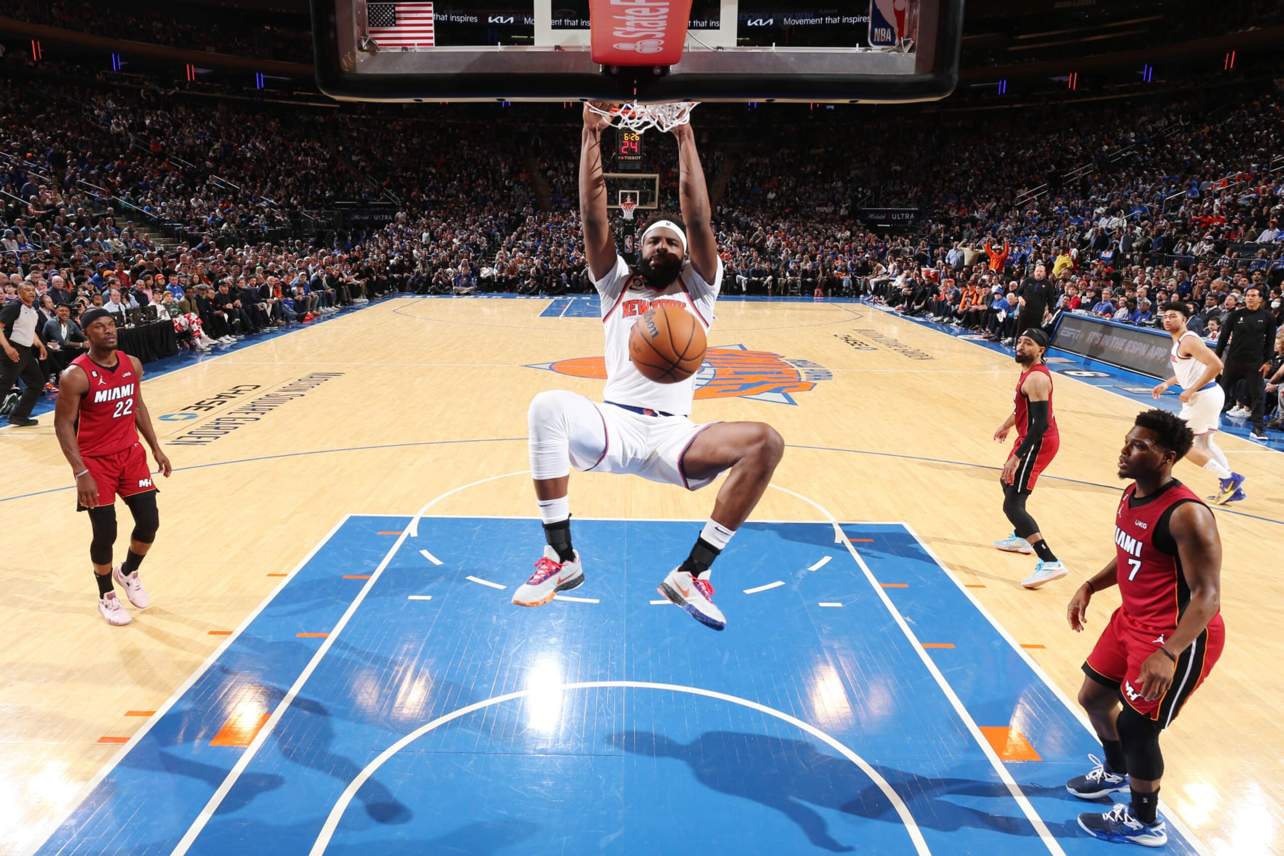 NEW YORK, NY - APRIL 30: Mitchell Robinson #23 of the New York Knicks dunks the ball during Game 1 of the Eastern Conference Semi-Finals of the 2023 NBA Playoffs against the Miami Heat on April 30, 2023 at Madison Square Garden in New York City, New York. NOTE TO USER: User expressly acknowledges and agrees that, by downloading and or using this photograph, User is consenting to the terms and conditions of the Getty Images License Agreement. Mandatory Copyright Notice: Copyright 2023 NBAE (Photo by Nathaniel S. Butler/NBAE via Getty Images) NEW YORK, NY - APRIL 30: Mitchell Robinson #23 of the New York Knicks dunks the ball during Game 1 of the Eastern Conference Semi-Finals of the 2023 NBA Playoffs against the Miami Heat on April 30, 2023 at Madison Square Garden in New York City, New York. NOTE TO USER: User expressly acknowledges and agrees that, by downloading and or using this photograph, User is consenting to the terms and conditions of the Getty Images License Agreement. Mandatory Copyright Notice: Copyright 2023 NBAE (Photo by Nathaniel S. Butler/NBAE via Getty Images)