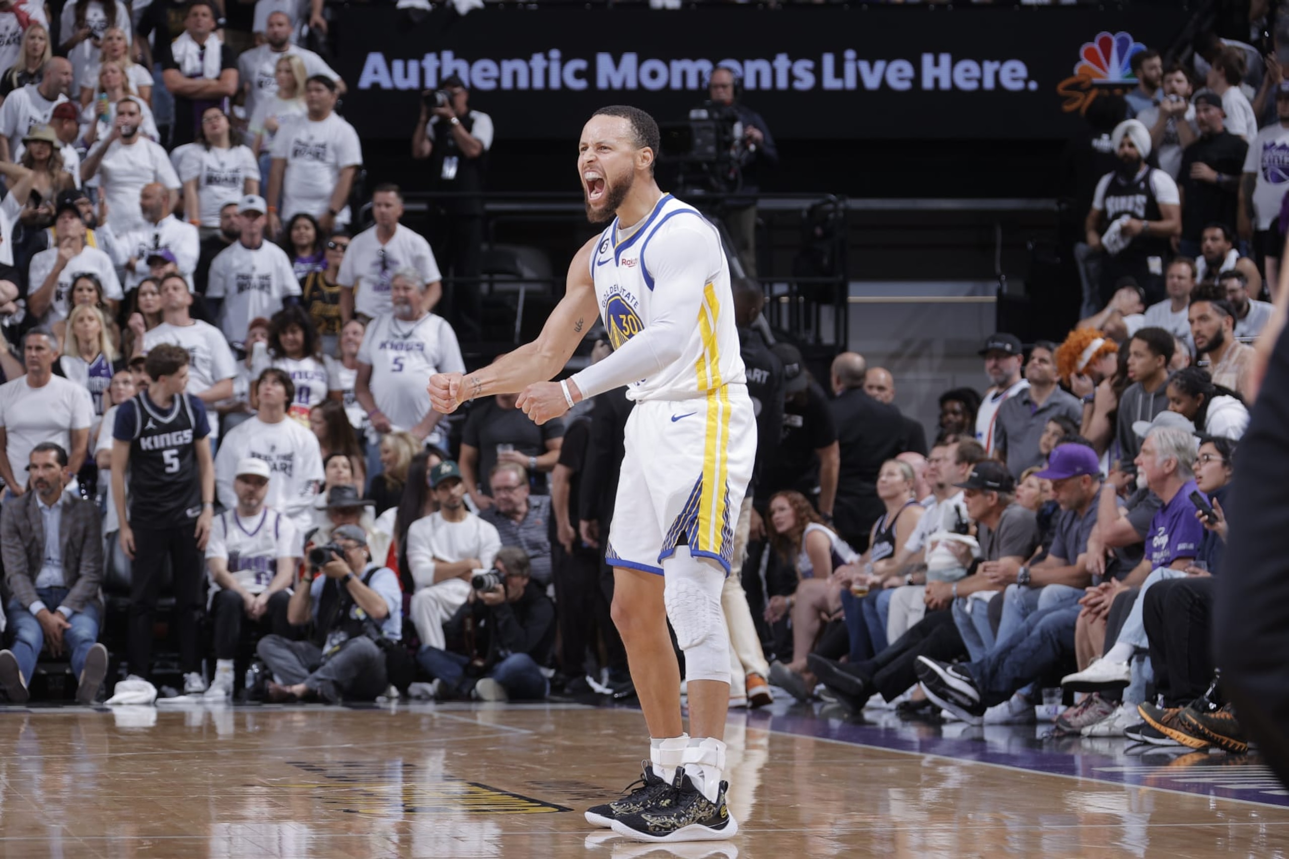 SACRAMENTO, CA - APRIL 30: Stephen Curry #30 of the Golden State Warriors celebrates a play during Round One Game Seven of the 2023 NBA Playoffs on April 30, 2023 at Golden 1 Center in Sacramento, California. NOTE TO USER: User expressly acknowledges and agrees that, by downloading and or using this Photograph, user is consenting to the terms and conditions of the Getty Images License Agreement. Mandatory Copyright Notice: Copyright 2023 NBAE (Photo by Rocky Widner/NBAE via Getty Images)