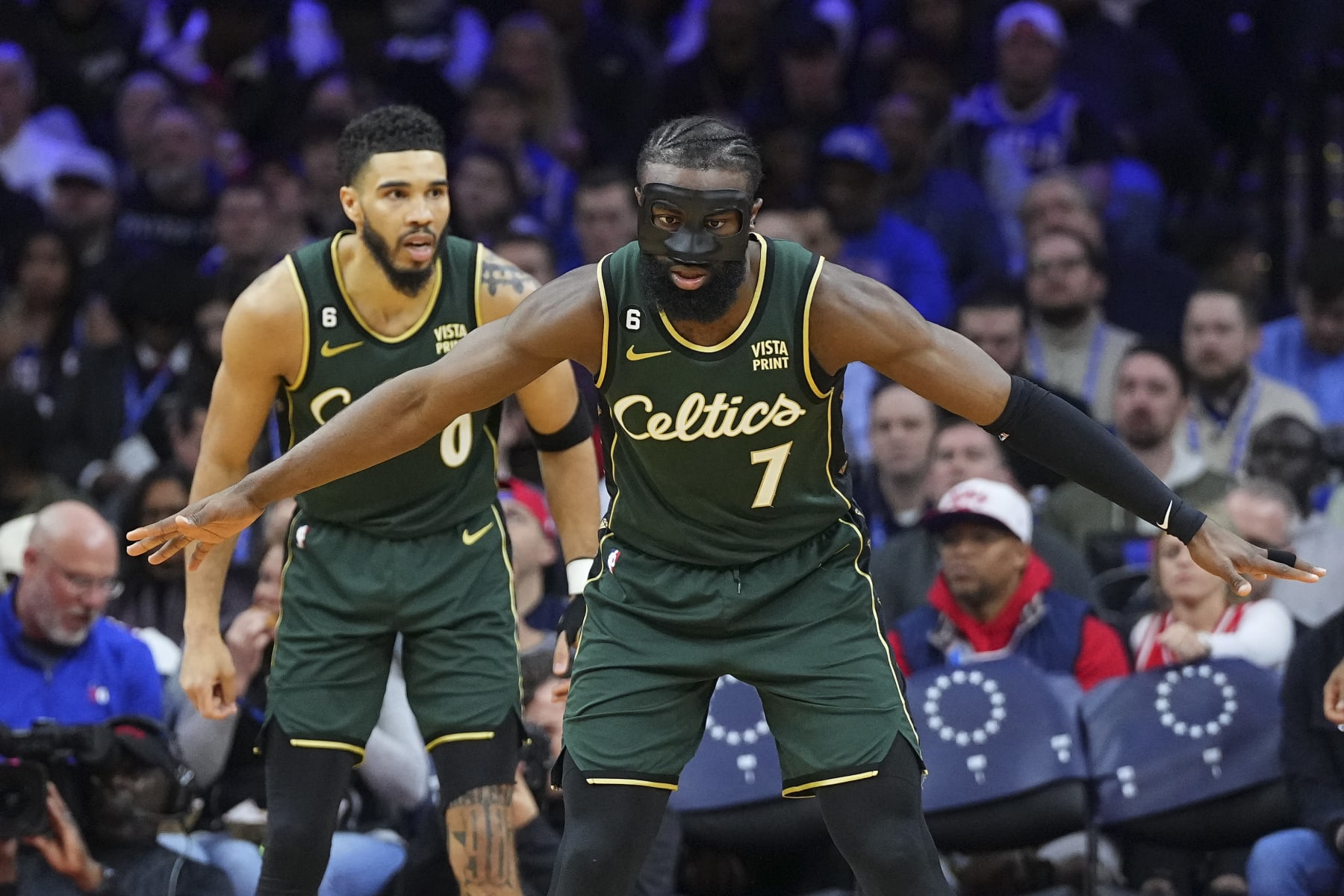 PHILADELPHIA, PA - FEBRUARY 25: Jaylen Brown #7 and Jayson Tatum #0 of the Boston Celtics in action against the Philadelphia 76ers at the Wells Fargo Center on February 25, 2023 in Philadelphia, Pennsylvania. The Celtics defeated the 76ers 110-107. NOTE TO USER: User expressly acknowledges and agrees that, by downloading and or using this photograph, User is consenting to the terms and conditions of the Getty Images License Agreement. (Photo by Mitchell Leff/Getty Images)