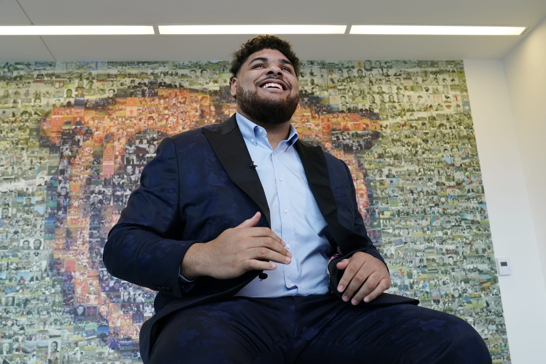 Chicago Bears number one draft pick offensive lineman Darnell Wright waits for an interview after news conference at Halas Hall in Lake Forest, Ill., Friday, April 28, 2023. The Chicago Bears selected offensive lineman Darnell Wright with the 10th overall pick in the first round of the 2023 NFL Draft on Thursday evening. The Bears acquired the 10th overall selection after completing a pair of trades with the Carolina Panthers on March 15, and the Philadelphia Eagles on Thursday night. (AP Photo/Nam Y. Huh)