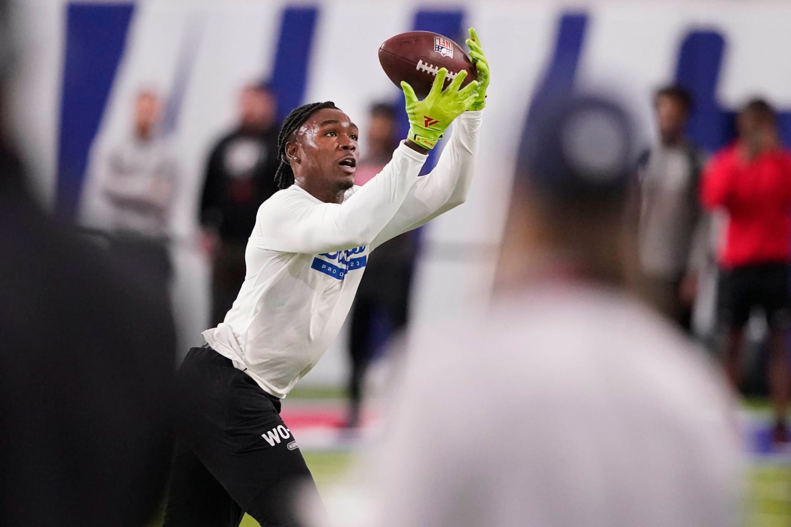 SMU wide receiver Rashee Rice catches a pass during an NFL Pro Day in Dallas, Wednesday, March 22, 2023. (AP Photo/LM Otero)