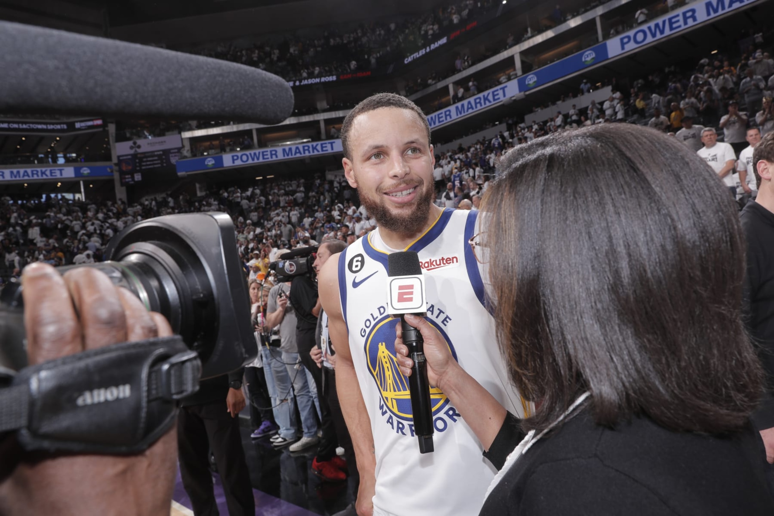 SACRAMENTO, CA - APRIL 30: Stephen Curry #30 of the Golden State Warriors is interviewed after Round One Game Seven of the 2023 NBA Playoffs on April 30, 2023 at Golden 1 Center in Sacramento, California. NOTE TO USER: User expressly acknowledges and agrees that, by downloading and or using this Photograph, user is consenting to the terms and conditions of the Getty Images License Agreement. Mandatory Copyright Notice: Copyright 2023 NBAE (Photo by Rocky Widner/NBAE via Getty Images)