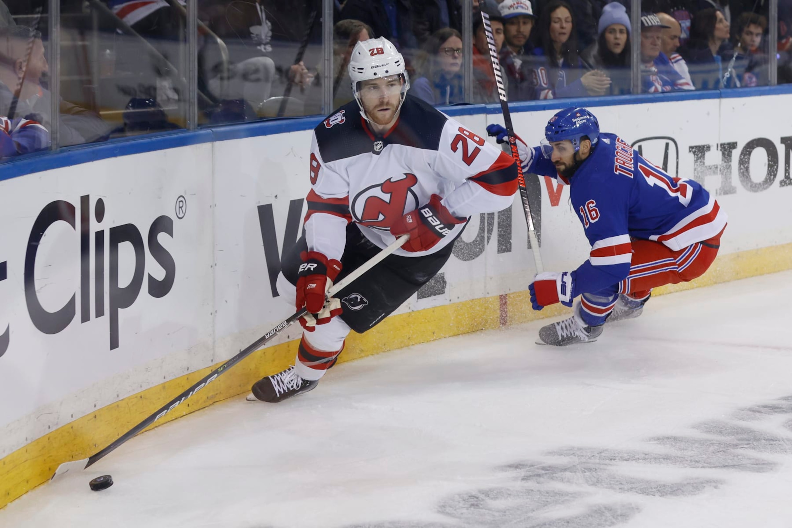 NEW YORK, NEW YORK - APRIL 29: Damon Severson #28 of the New Jersey Devils skates against the New York Rangers during the second period in Game Six of the First Round of the 2023 Stanley Cup Playoffs at Madison Square Garden on April 29, 2023 in New York, New York. (Photo by Josh Lobel/NHLI via Getty Images)