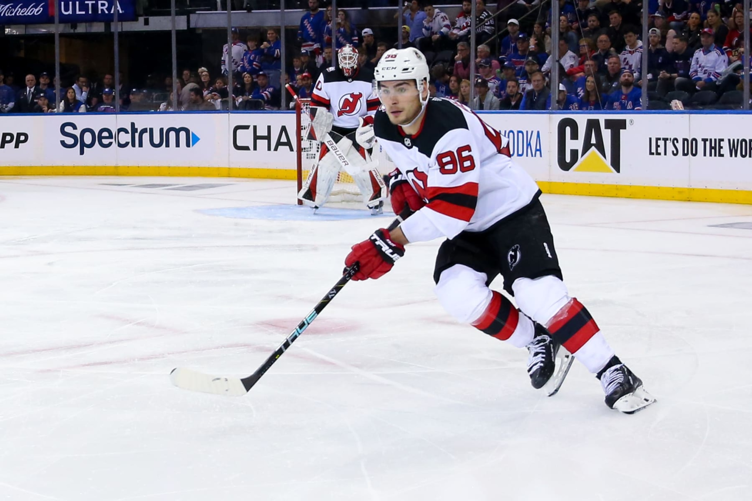 NEW YORK, NY - APRIL 22: New Jersey Devils Center Jack Hughes (86) in action during Game 3 of the National Hockey League Eastern Conference First Round between the New Jersey Devils and the New York Rangers on April 22, 2023 at Madison Square Garden in New York, NY. (Photo by Joshua Sarner/Icon Sportswire via Getty Images)