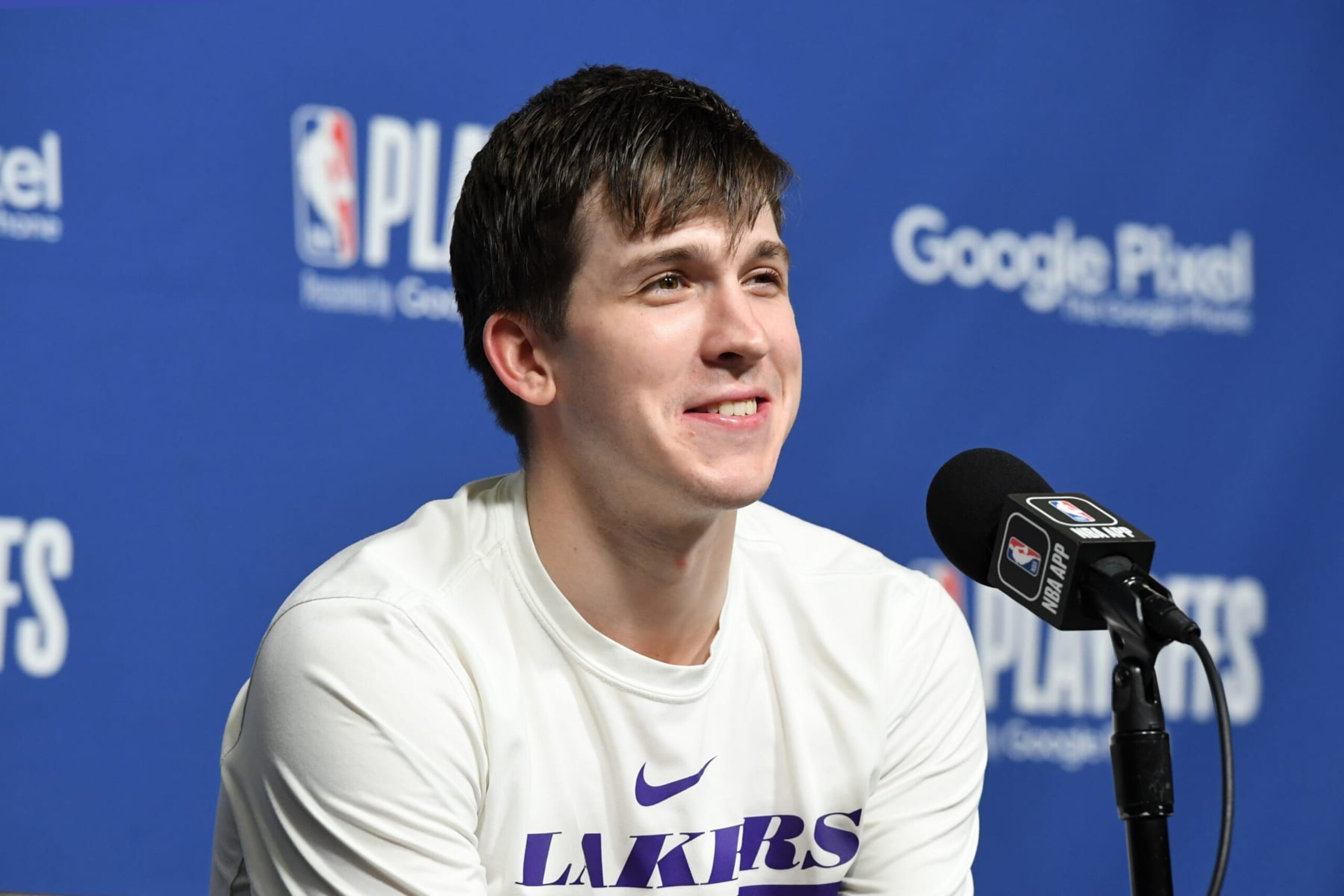 LOS ANGELES, CA - APRIL 28: Austin Reaves #15 of the Los Angeles Lakers talks to the media after Round 1 Game 6 of the 2023 NBA Playoffs on April 28, 2023 at Crypto.Com Arena in Los Angeles, California. NOTE TO USER: User expressly acknowledges and agrees that, by downloading and/or using this Photograph, user is consenting to the terms and conditions of the Getty Images License Agreement. Mandatory Copyright Notice: Copyright 2023 NBAE (Photo by Andrew D. Bernstein/NBAE via Getty Images)