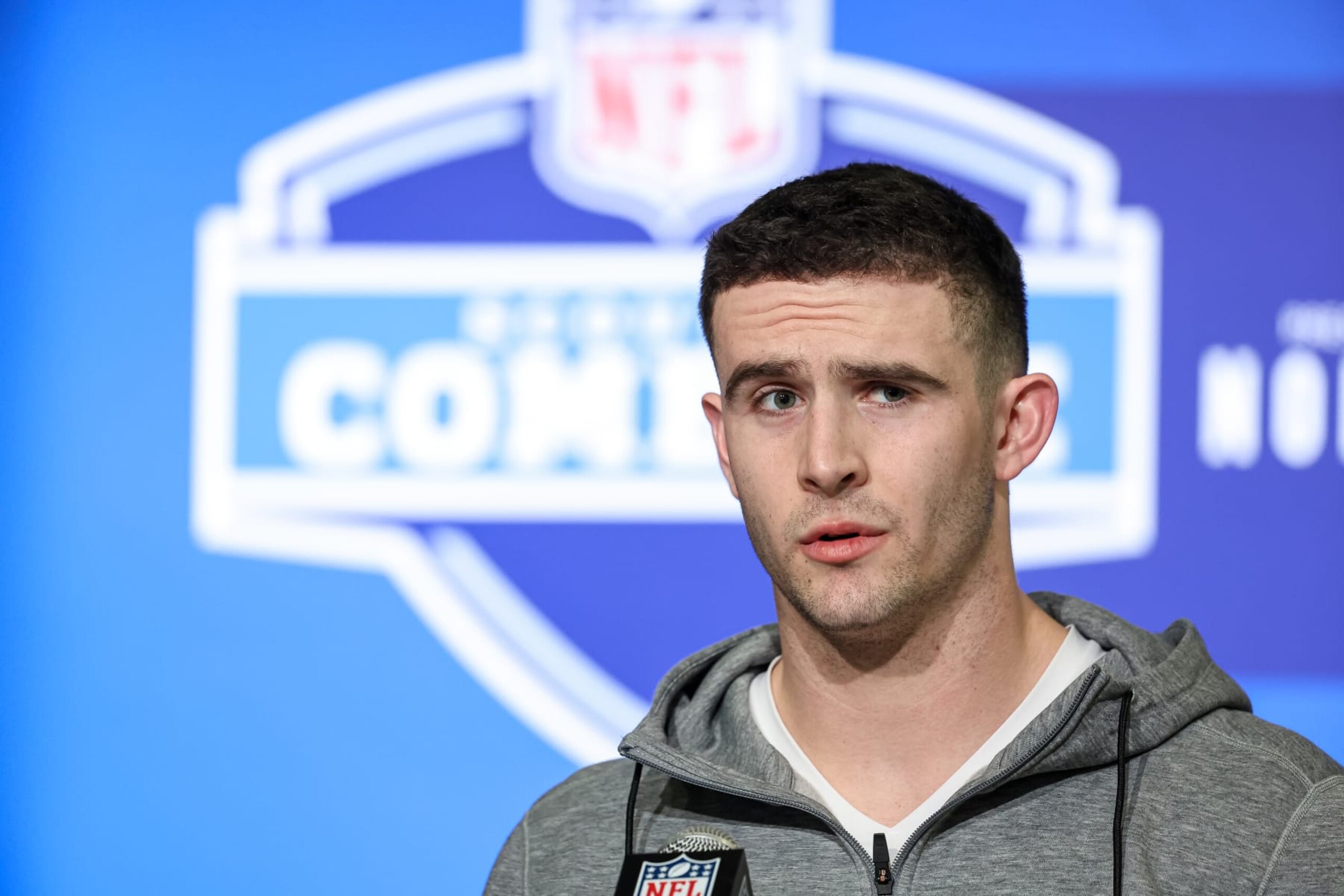 INDIANAPOLIS, IN - MARCH 03: Quarterback Stetson Bennett of Georgia speaks to the media during the NFL Combine at Lucas Oil Stadium on March 3, 2023 in Indianapolis, Indiana. (Photo by Michael Hickey/Getty Images)