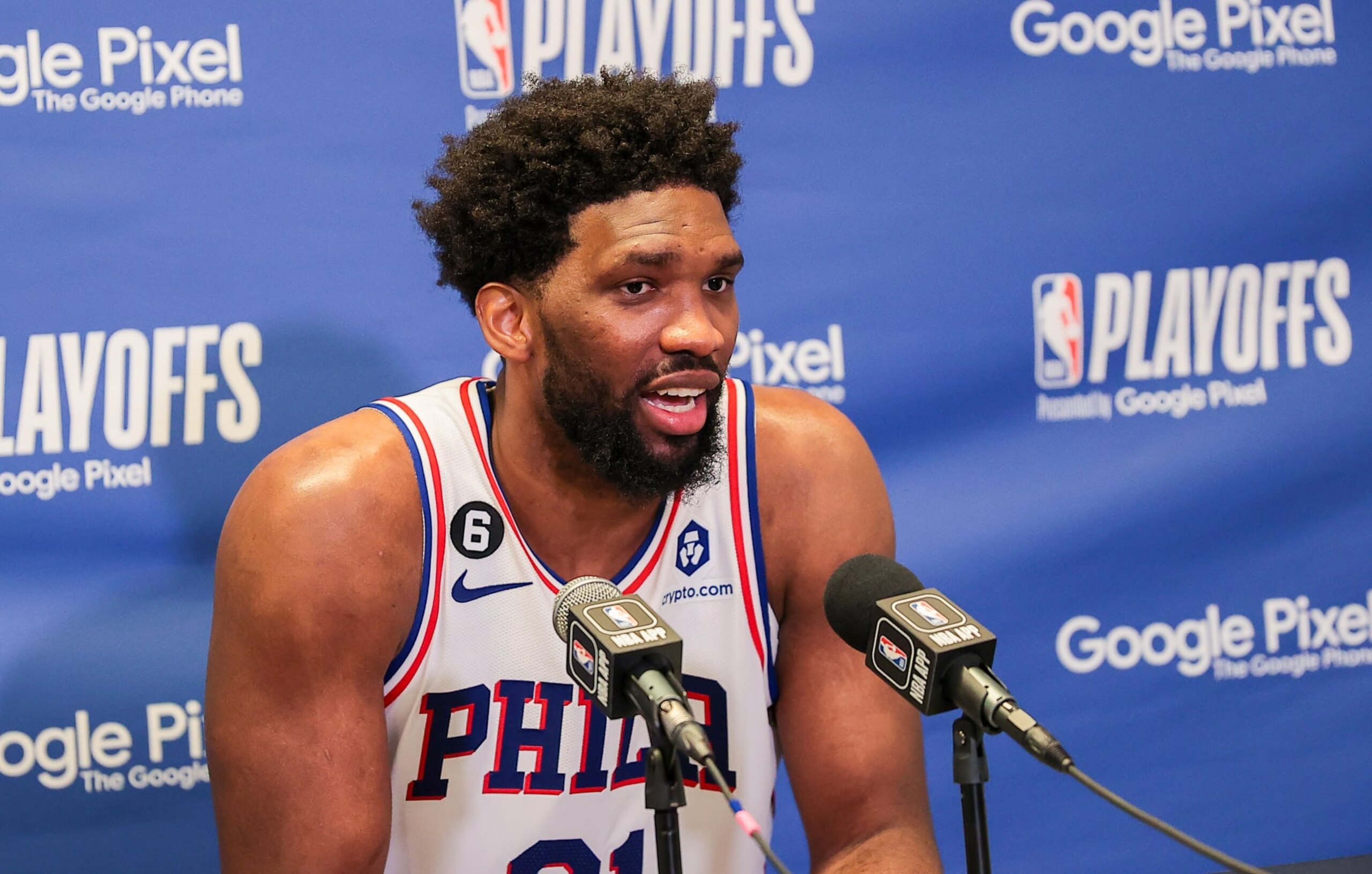 NEW YORK, UNITED STATES - APRIL 20: Joel Embiid (21) of Philadelphia 76ers attends the press briefing after the game against the Brooklyn Nets at the Barclays Center in Brooklyn of New York City, United States on April 20, 2023. (Photo by Selcuk Acar/Anadolu Agency via Getty Images) NEW YORK, UNITED STATES - APRIL 20: Joel Embiid (21) of Philadelphia 76ers attends the press briefing after the game against the Brooklyn Nets at the Barclays Center in Brooklyn of New York City, United States on April 20, 2023. (Photo by Selcuk Acar/Anadolu Agency via Getty Images)
