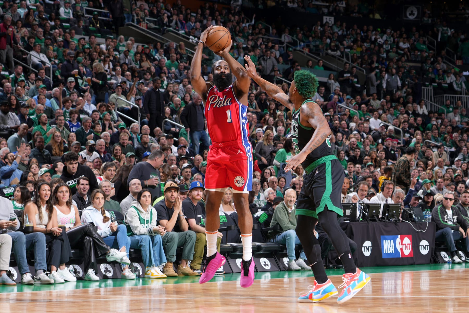 BOSTON, MA - MAY 1: James Harden #1 of the Philadelphia 76ers shoots a three point basket during the game against the Boston Celtics during Round 2 Game 1 of the 2023 NBA Playoffs on May 1, 2023 at the TD Garden in Boston, Massachusetts. NOTE TO USER: User expressly acknowledges and agrees that, by downloading and or using this photograph, User is consenting to the terms and conditions of the Getty Images License Agreement. Mandatory Copyright Notice: Copyright 2023 NBAE  (Photo by Jesse D. Garrabrant/NBAE via Getty Images)