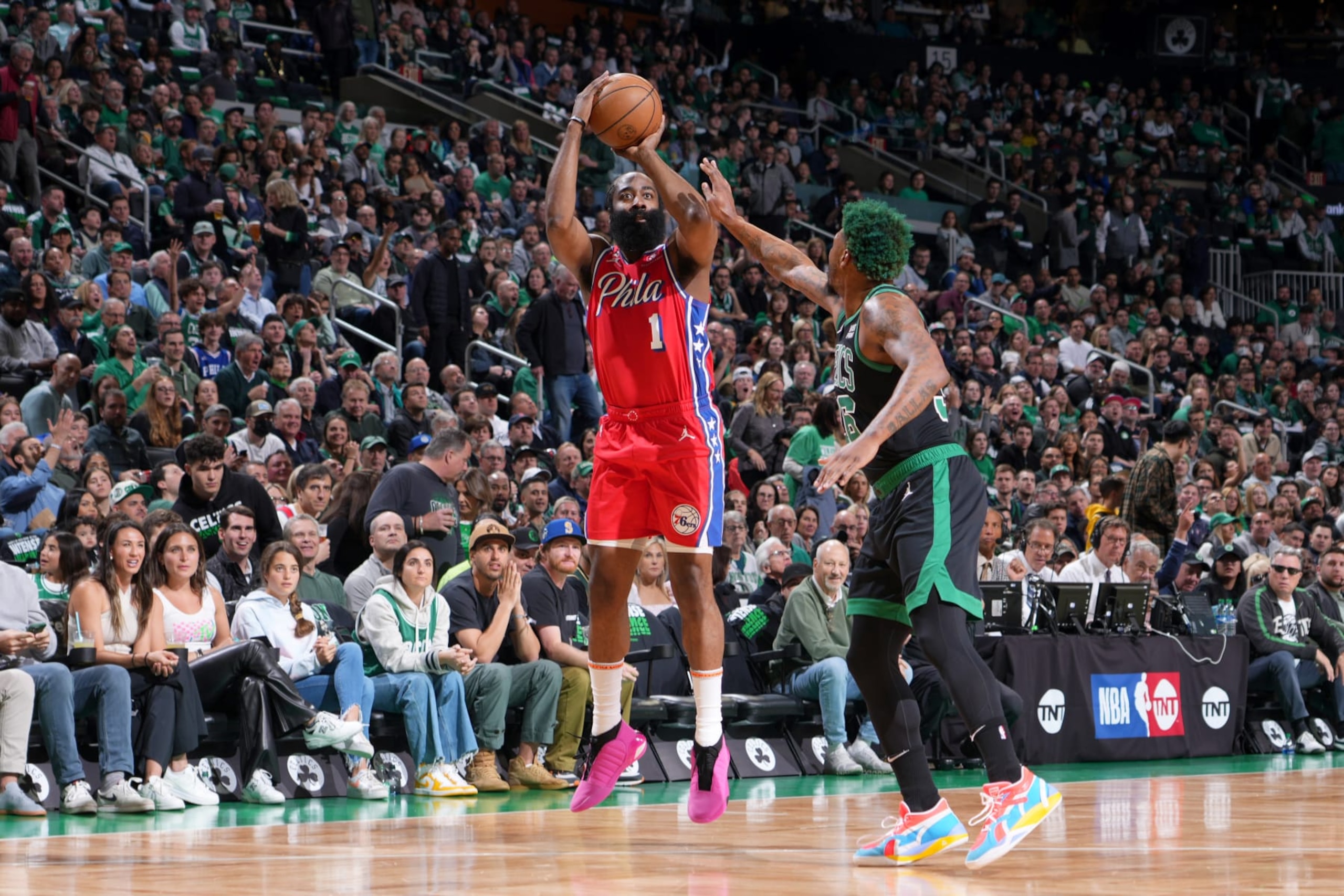 BOSTON, MA - MAY 1: James Harden #1 of the Philadelphia 76ers shoots a three point basket during the game against the Boston Celtics during Round 2 Game 1 of the 2023 NBA Playoffs on May 1, 2023 at the TD Garden in Boston, Massachusetts. NOTE TO USER: User expressly acknowledges and agrees that, by downloading and or using this photograph, User is consenting to the terms and conditions of the Getty Images License Agreement. Mandatory Copyright Notice: Copyright 2023 NBAE  (Photo by Jesse D. Garrabrant/NBAE via Getty Images)
