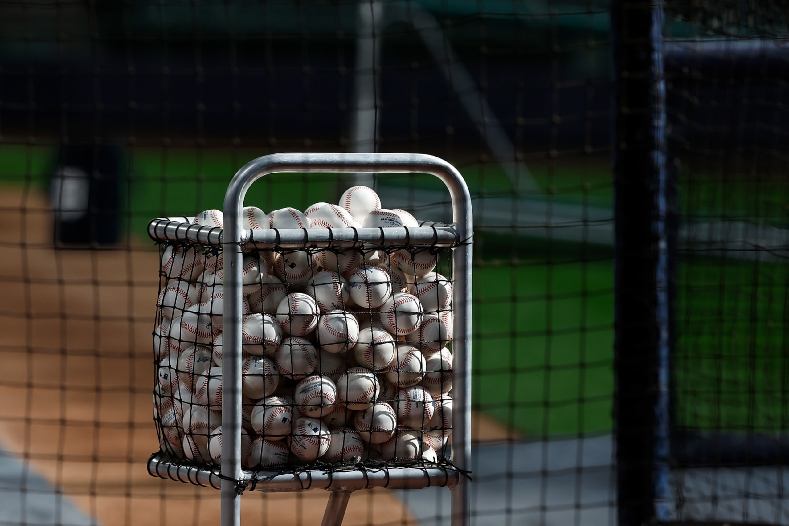 MILWAUKEE, WISCONSIN - APRIL 24: A picture of the Rawlings baseballs in the Detroit Tigers ball basket before the game against the Milwaukee Brewers at American Family Field on April 24, 2023 in Milwaukee, Wisconsin. (Photo by John Fisher/Getty Images)