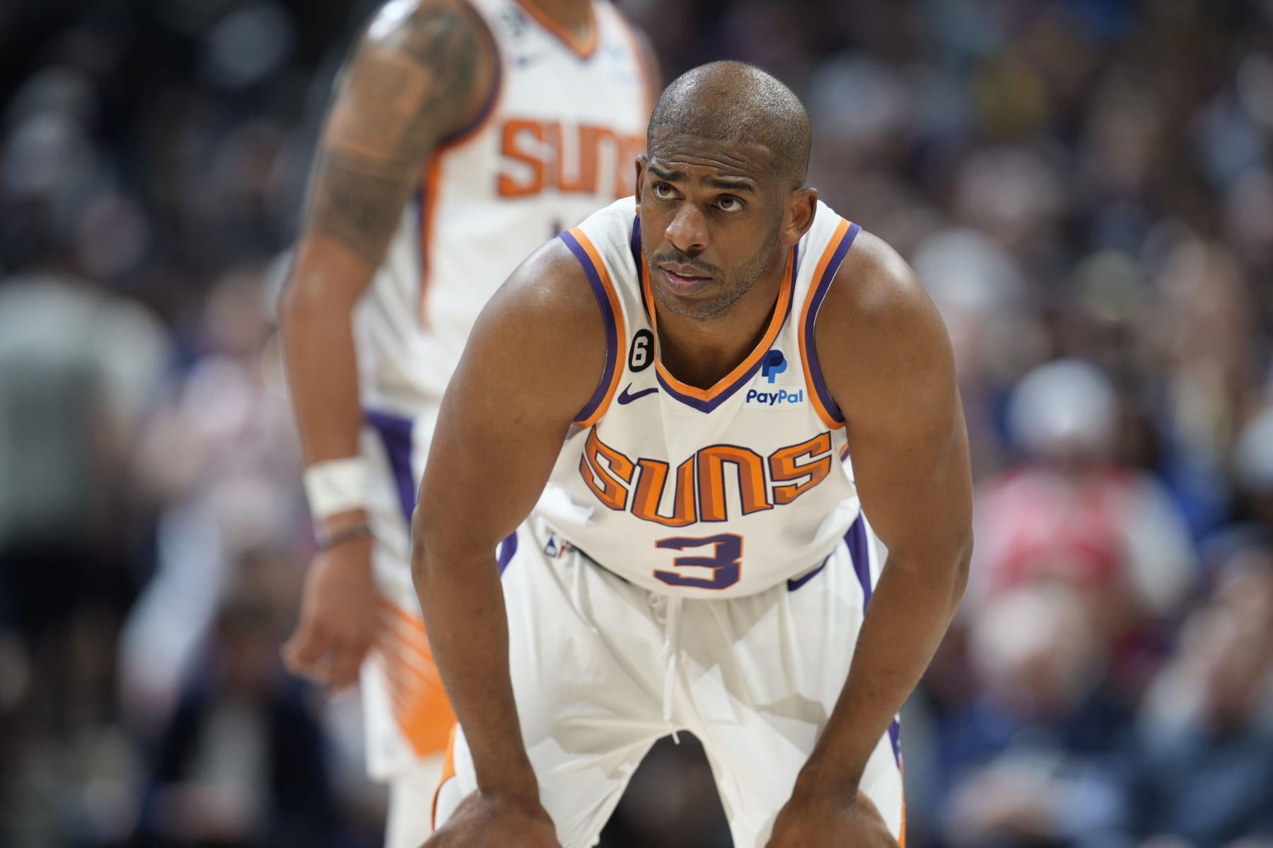 Phoenix Suns guard Chris Paul looks on late in the second half of Game 1 of an NBA second-round basketball series against the Denver Nuggets, Saturday, April 29, 2023, in Denver. (AP Photo/David Zalubowski)