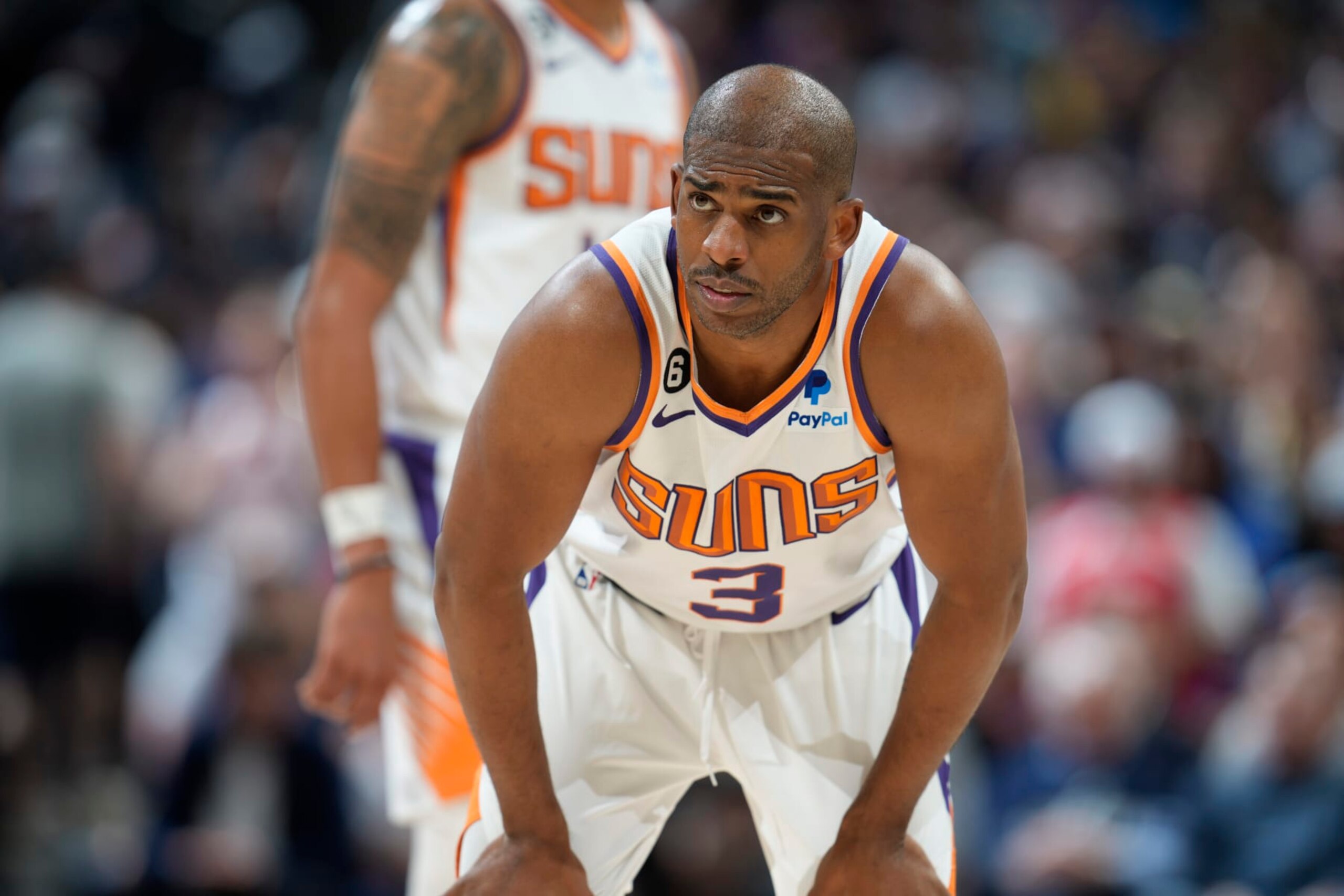 Phoenix Suns guard Chris Paul looks on late in the second half of Game 1 of an NBA second-round basketball series against the Denver Nuggets, Saturday, April 29, 2023, in Denver. (AP Photo/David Zalubowski)