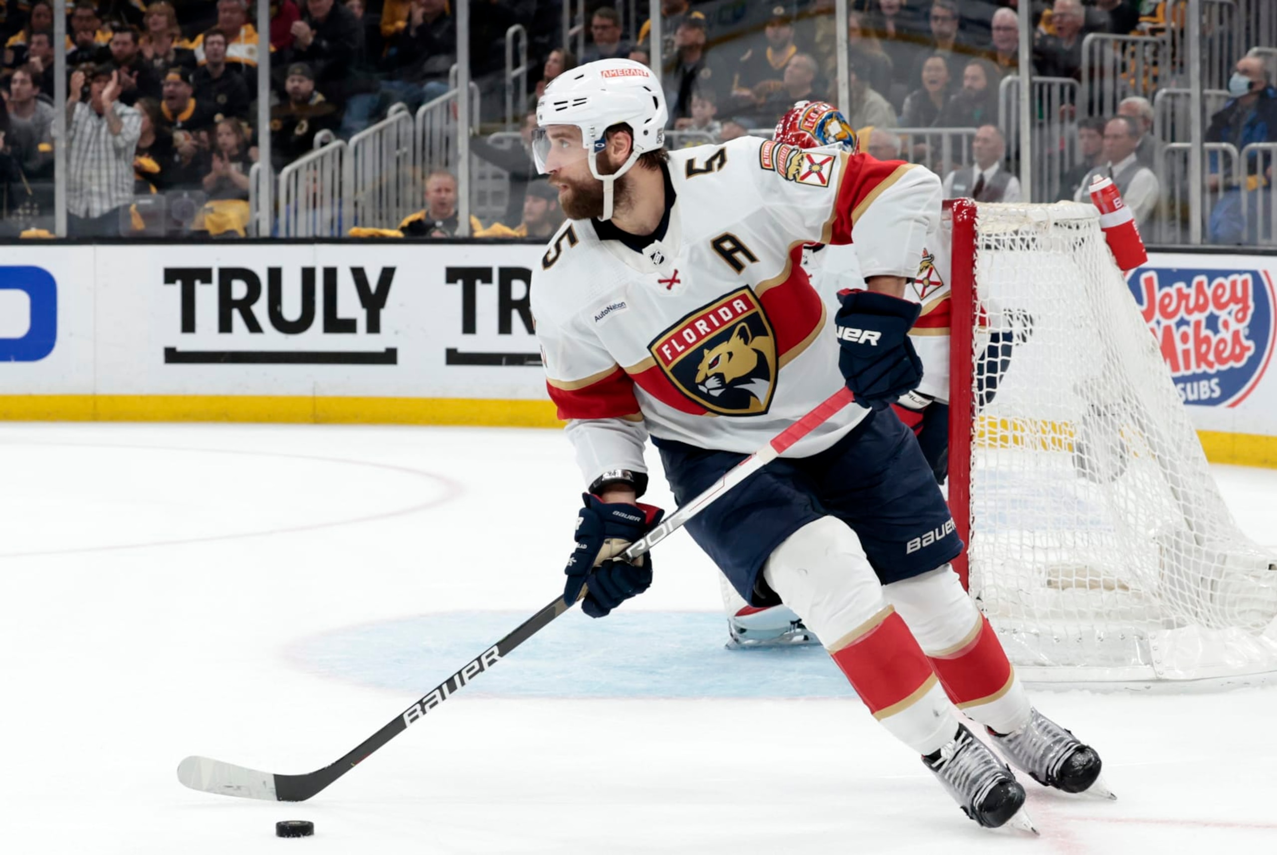BOSTON, MA - APRIL 30: Florida Panthers defenseman Aaron Ekblad (5) looks up ice during Game 7 of an Eastern Conference First Round playoff contest between the Boston Bruins and the Florida Panthers on April 30, 2023, at TD Garden in Boston, Massachusetts.(Photo by Fred Kfoury III/Icon Sportswire via Getty Images)
