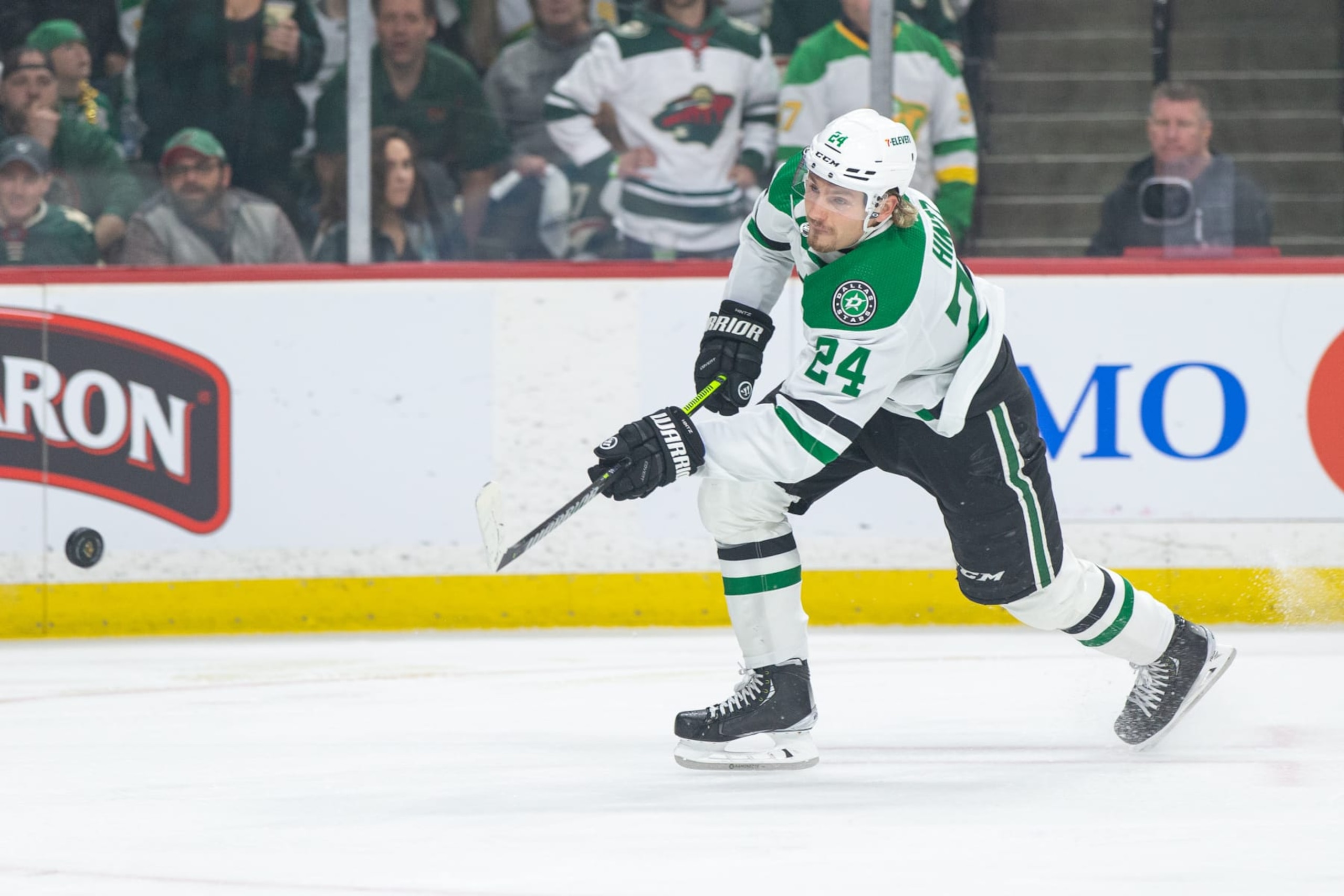 SAINT PAUL, MN - APRIL 28: Dallas Stars center Roope Hintz (24) scores a goal on a shot during Game Six of the First Round of the 2023 Stanley Cup Playoffs between the Minnesota Wild and the Dallas Stars, on April 28th, 2023, at the Xcel Energy Center in Saint Paul, MN. (Photo by Bailey Hillesheim/Icon Sportswire via Getty Images)