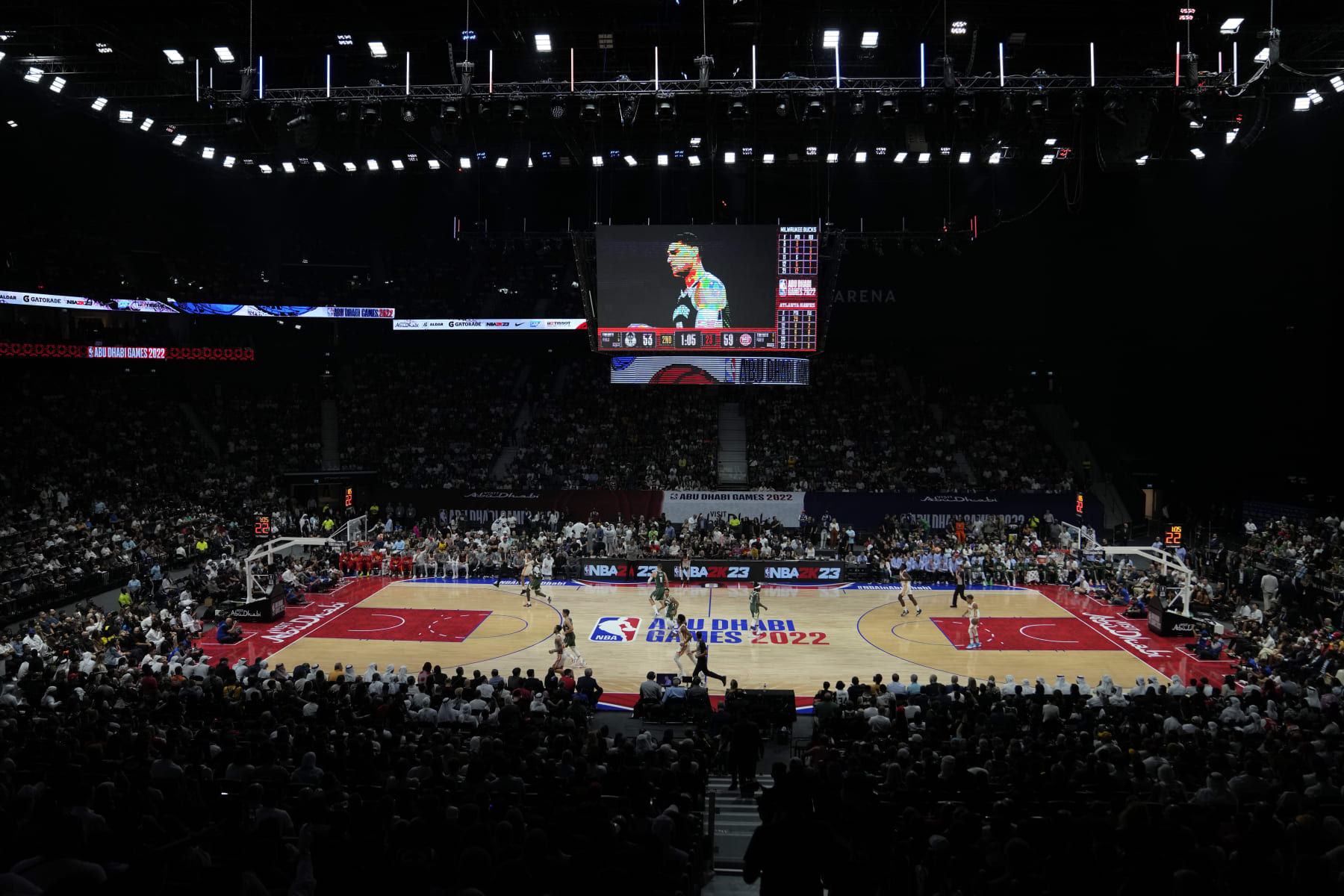 Milwaukee Bucks and Atlanta Hawks play a preseason NBA basketball game in Abu Dhabi, United Arab Emirates, Saturday, Oct. 8, 2022. (AP Photo/Kamran Jebreili)