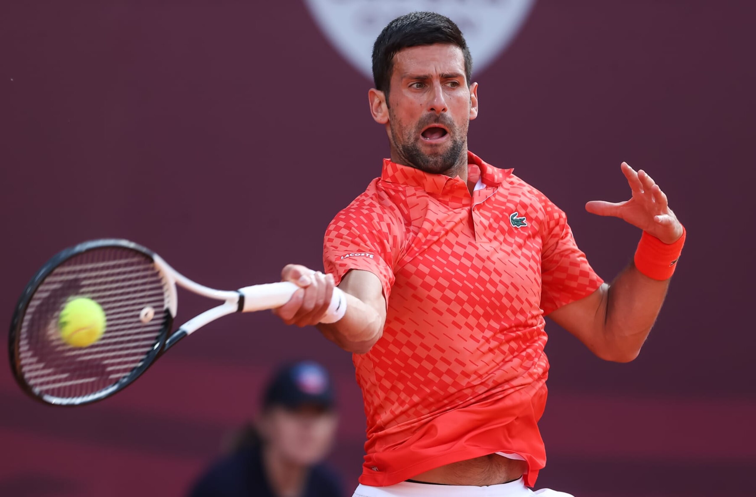 BANJA LUKA, BOSNIA AND HERZEGOVINA - APRIL 21: Novak Djokovic of Serbia returns the ball to Dusan Lajovic of Serbia during the ATP 250 Srpska Open 2023 Quarterfinal match at National Tennis Center on April 21, 2023 in Banja Luka, Bosnia and Herzegovina. (Photo by Srdjan Stevanovic/Getty Images)