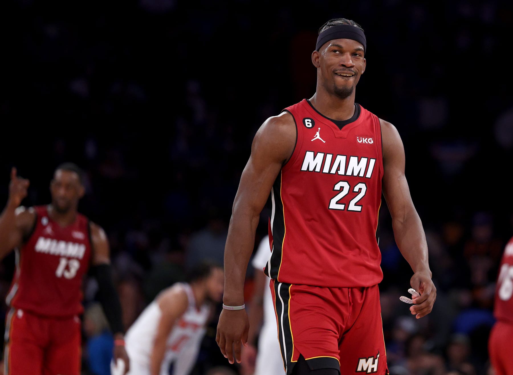 NEW YORK, NEW YORK - APRIL 30: Jimmy Butler #22 of the Miami Heat reacts late in the fourth quarter against the New York Knicks during game one of the Eastern Conference Semifinals at Madison Square Garden on April 30, 2023 in New York City. The Miami Heat defeated the New York Knicks 108-101. NOTE TO USER: User expressly acknowledges and agrees that, by downloading and or using this photograph, User is consenting to the terms and conditions of the Getty Images License Agreement. (Photo by Elsa/Getty Images)
