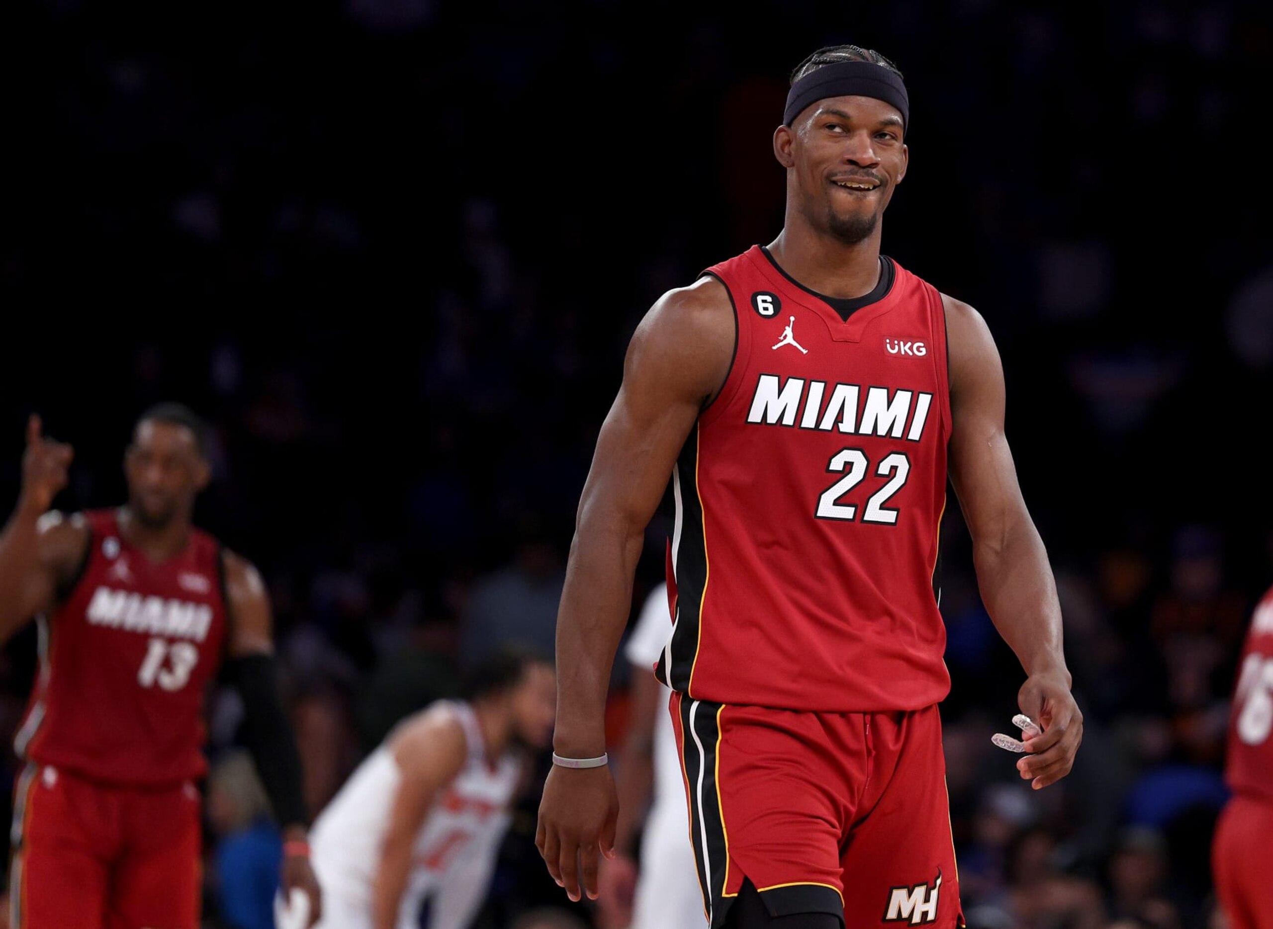 NEW YORK, NEW YORK - APRIL 30: Jimmy Butler #22 of the Miami Heat reacts late in the fourth quarter against the New York Knicks during game one of the Eastern Conference Semifinals at Madison Square Garden on April 30, 2023 in New York City. The Miami Heat defeated the New York Knicks 108-101. NOTE TO USER: User expressly acknowledges and agrees that, by downloading and or using this photograph, User is consenting to the terms and conditions of the Getty Images License Agreement. (Photo by Elsa/Getty Images)