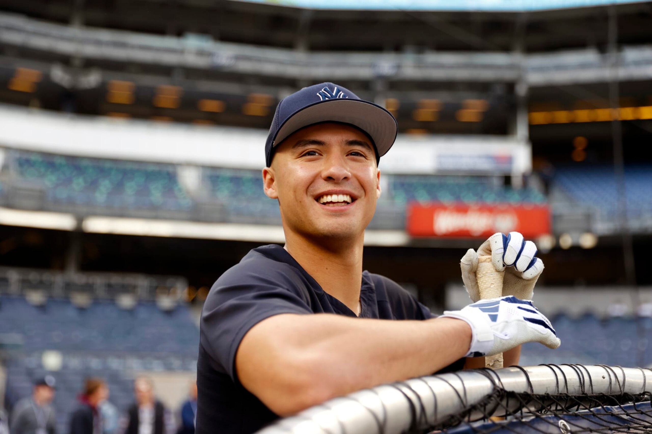 NEW YORK, NY - MAY 01: Anthony Volpe #11 of the New York Yankees reacts during batting practice prior to the game against the Cleveland Guardians at Yankee Stadium on May 01, 2023, in New York, New York. (Photo by New York Yankees/Getty Images)