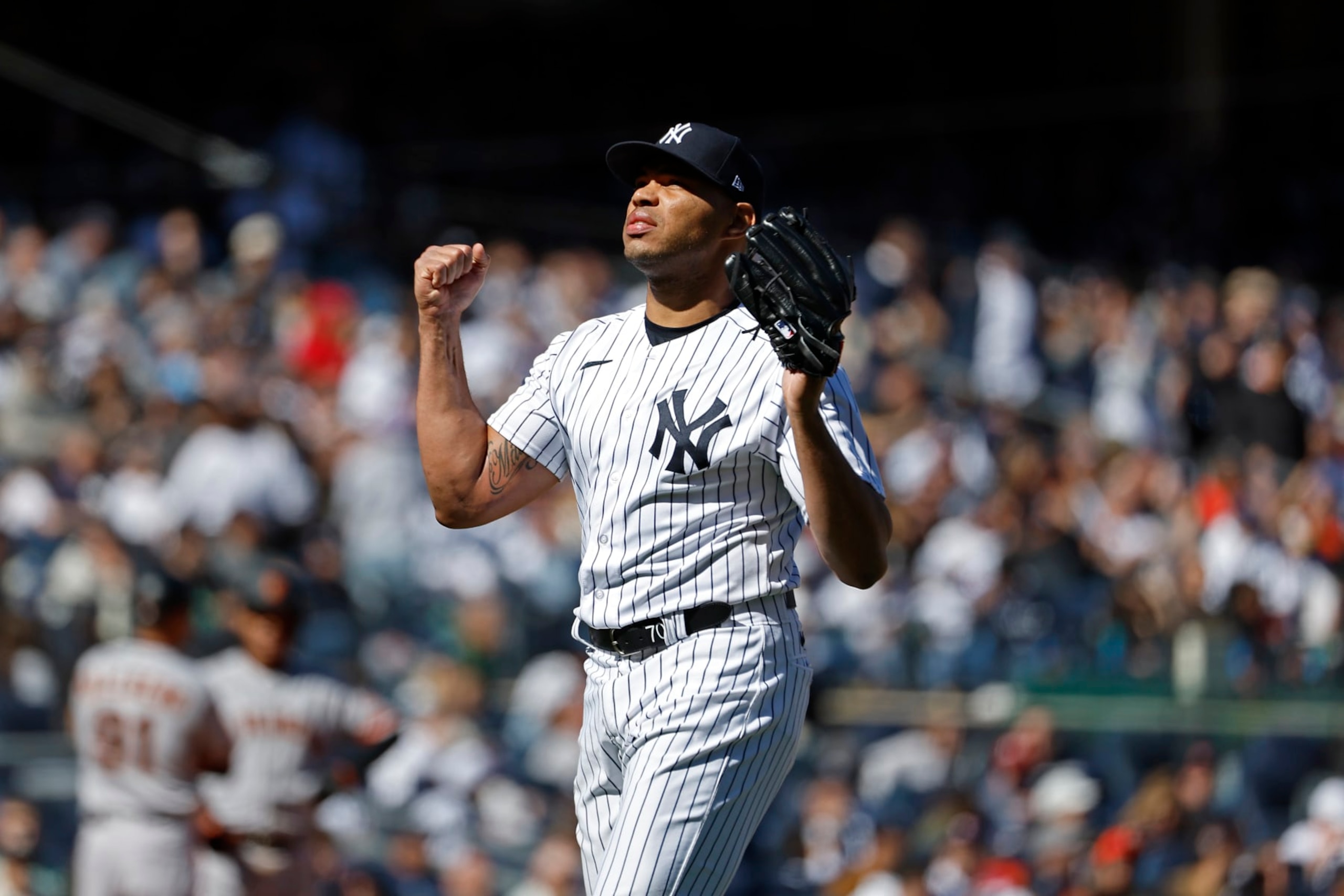 NEW YORK, NY - APRIL 2: Jimmy Cordero #70 of the New York Yankees reacts during the game against the San Francisco Giants at Yankee Stadium on April 2, 2023 in New York, New York. (Photo by New York Yankees/Getty Images)