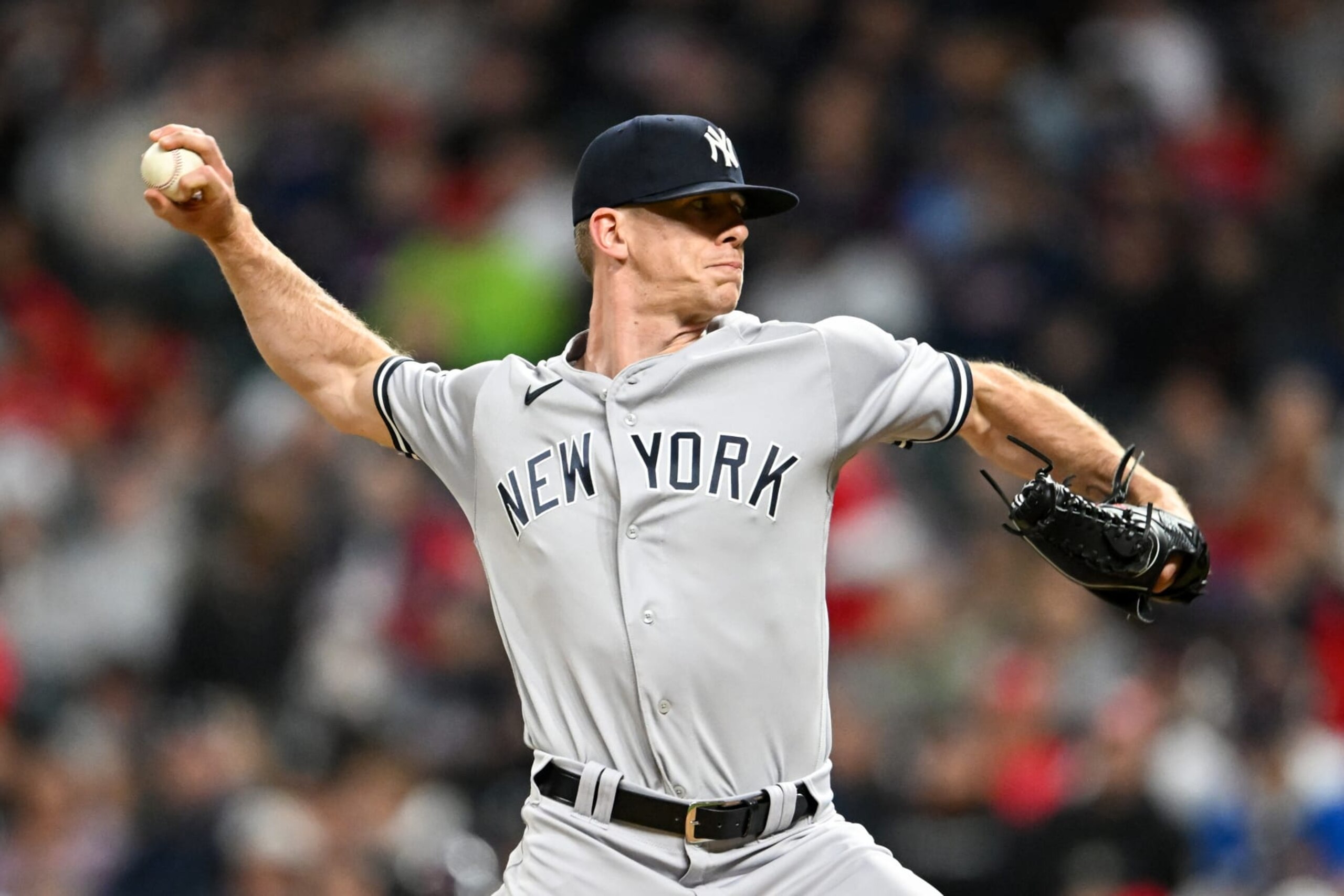 CLEVELAND, OHIO - APRIL 10, 2023: Ian Hamilton #71 of the New York Yankees throws a pitch during the eighth inning against the Cleveland Guardians at Progressive Field on April 10, 2023 in Cleveland, Ohio. (Photo by Nick Cammett/Diamond Images via Getty Images)