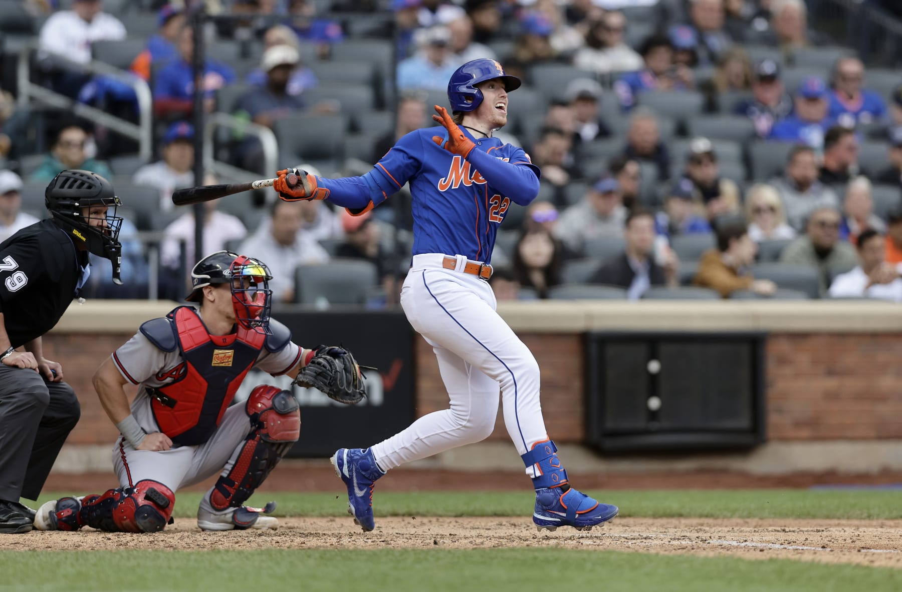 NEW YORK, NEW YORK - MAY 01:  Brett Baty #22 of the New York Mets follows through on his sixth inning home run against the Atlanta Braves in game one of a doubleheader at Citi Field on May 01, 2023 in the Queens borough of New York City. (Photo by Jim McIsaac/Getty Images)