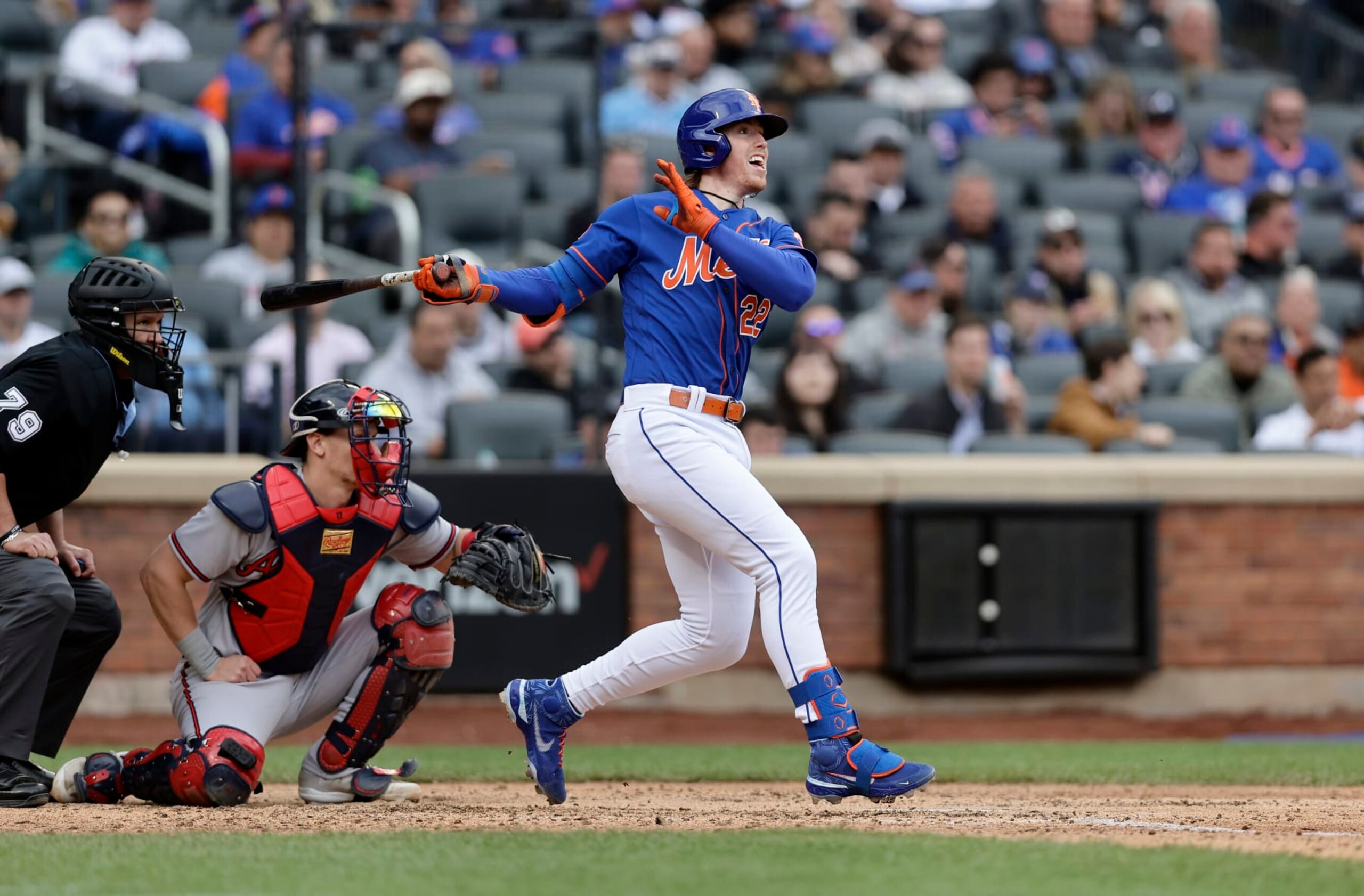 NEW YORK, NEW YORK - MAY 01: Brett Baty #22 of the New York Mets follows through on his sixth inning home run against the Atlanta Braves in game one of a doubleheader at Citi Field on May 01, 2023 in the Queens borough of New York City. (Photo by Jim McIsaac/Getty Images) NEW YORK, NEW YORK - MAY 01: Brett Baty #22 of the New York Mets follows through on his sixth inning home run against the Atlanta Braves in game one of a doubleheader at Citi Field on May 01, 2023 in the Queens borough of New York City. (Photo by Jim McIsaac/Getty Images)