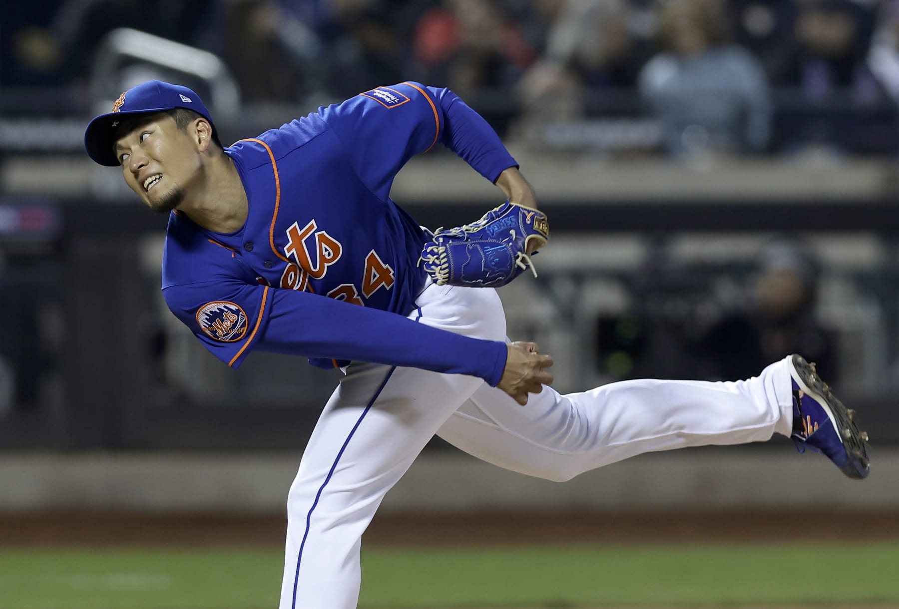 NEW YORK, NEW YORK - APRIL 26: (NEW YORK DAILIESOUT)  Kodai Senga #34 of the New York Mets in action against the Washington Nationals at Citi Field on April 26, 2023 in New York City. The Nationals defeated the Mets 4-1. (Photo by Jim McIsaac/Getty Images)