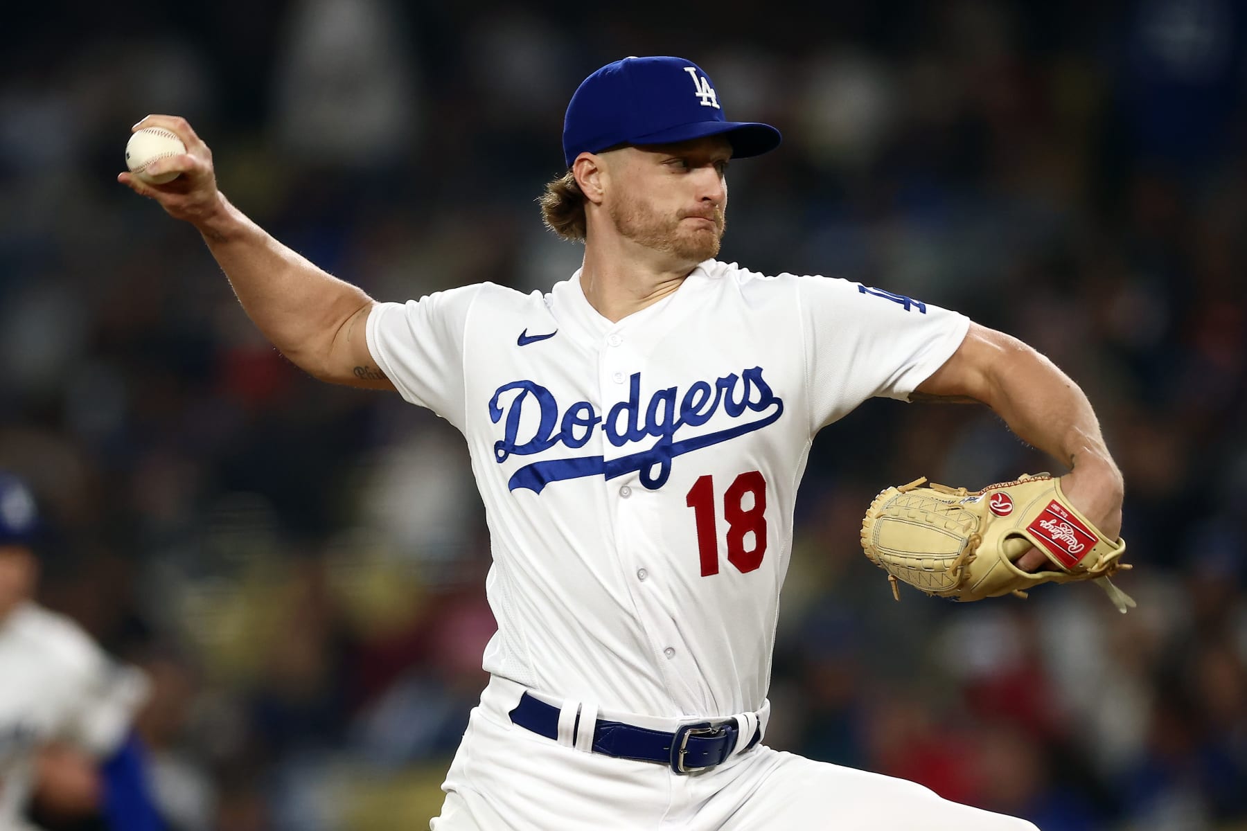LOS ANGELES, CALIFORNIA - APRIL 28: Shelby Miller #18 of the Los Angeles Dodgers throws a pitch during the eighth inning against the St. Louis Cardinals at Dodger Stadium on April 28, 2023 in Los Angeles, California. (Photo by Katelyn Mulcahy/Getty Images)