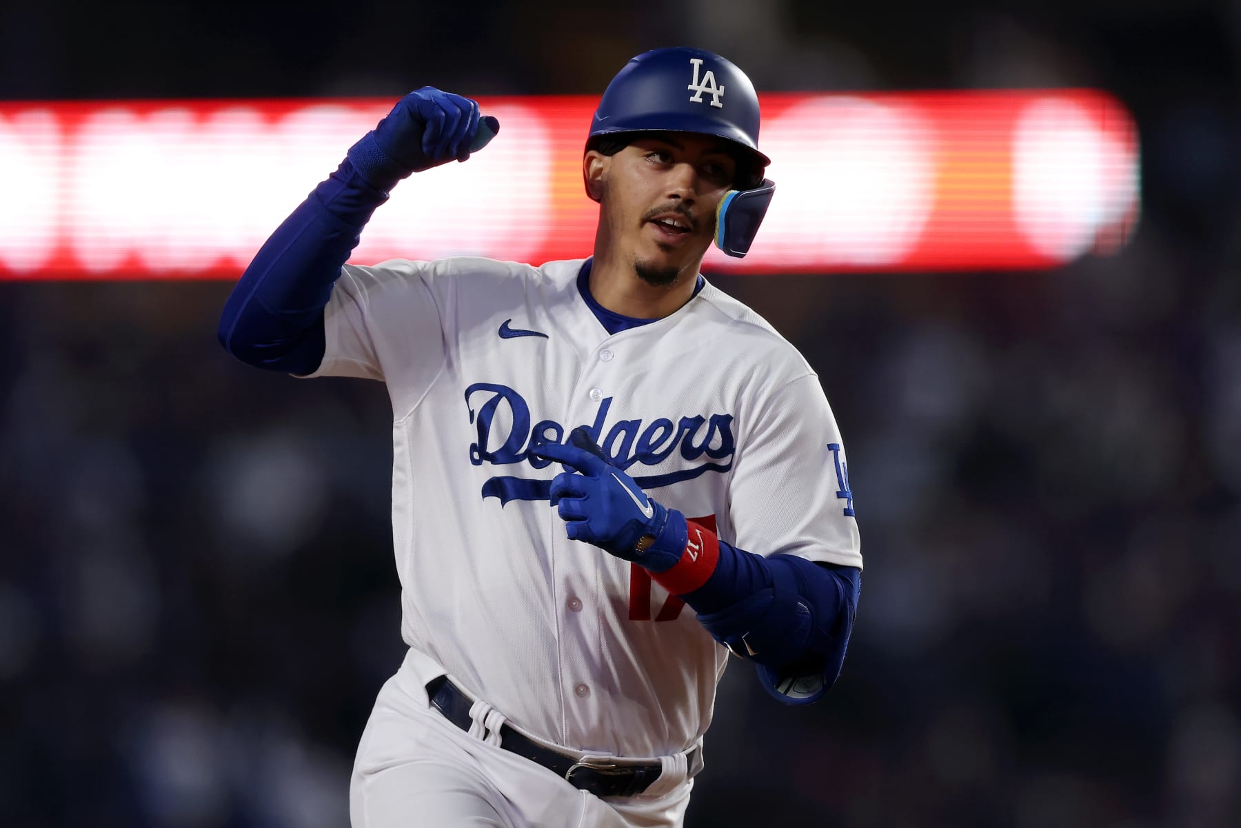 LOS ANGELES, CALIFORNIA - APRIL 28: Miguel Vargas #17 of the Los Angeles Dodgers celebrates his two run home run during the seventh inning of the game against the St. Louis Cardinals at Dodger Stadium on April 28, 2023 in Los Angeles, California. (Photo by Katelyn Mulcahy/Getty Images)