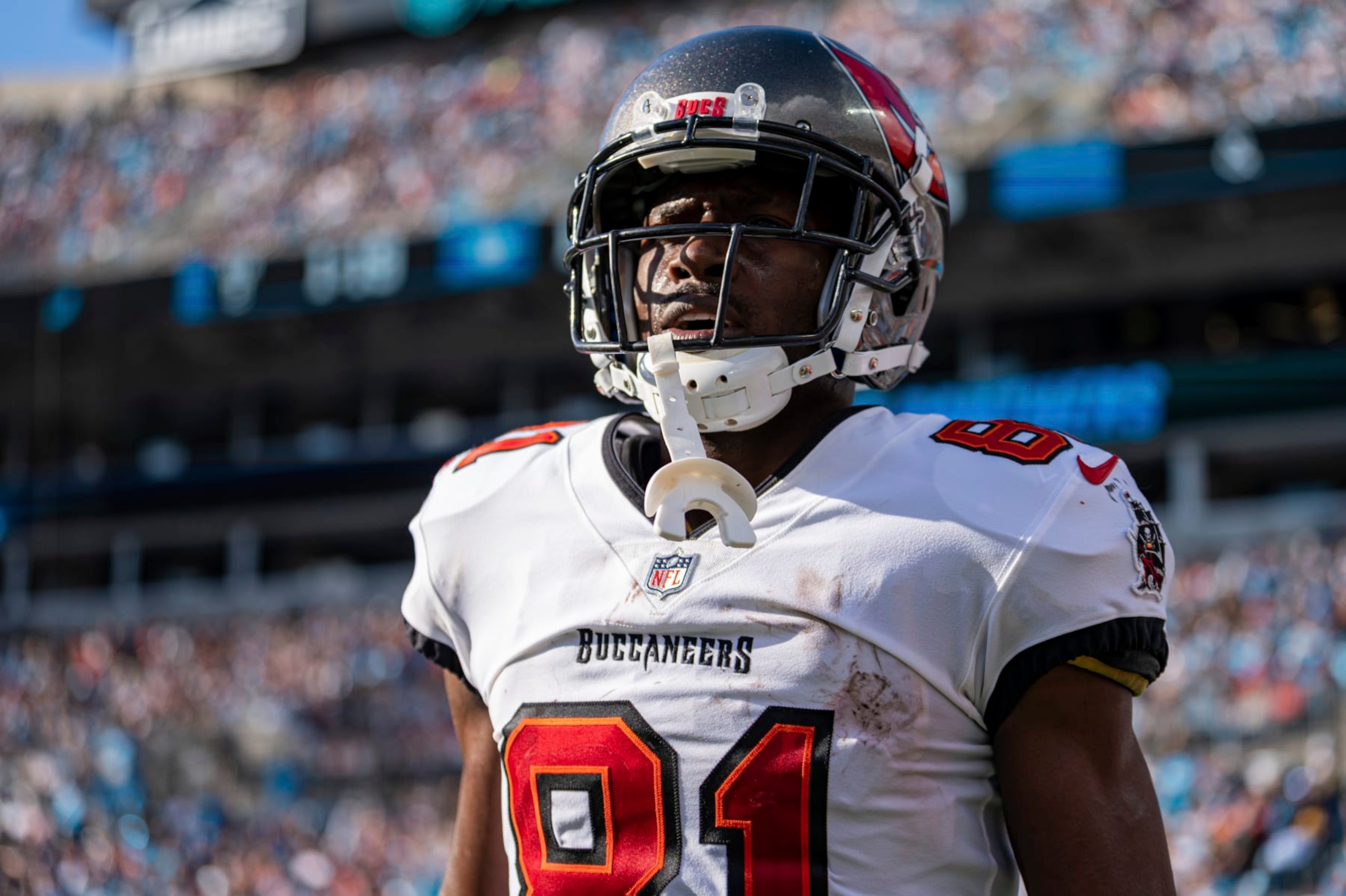 Tampa Bay Buccaneers wide receiver Antonio Brown (81) looks on against the Carolina Panthers during an NFL football game Sunday, Dec. 26, 2021, in Charlotte, N.C. (AP Photo/Jacob Kupferman)