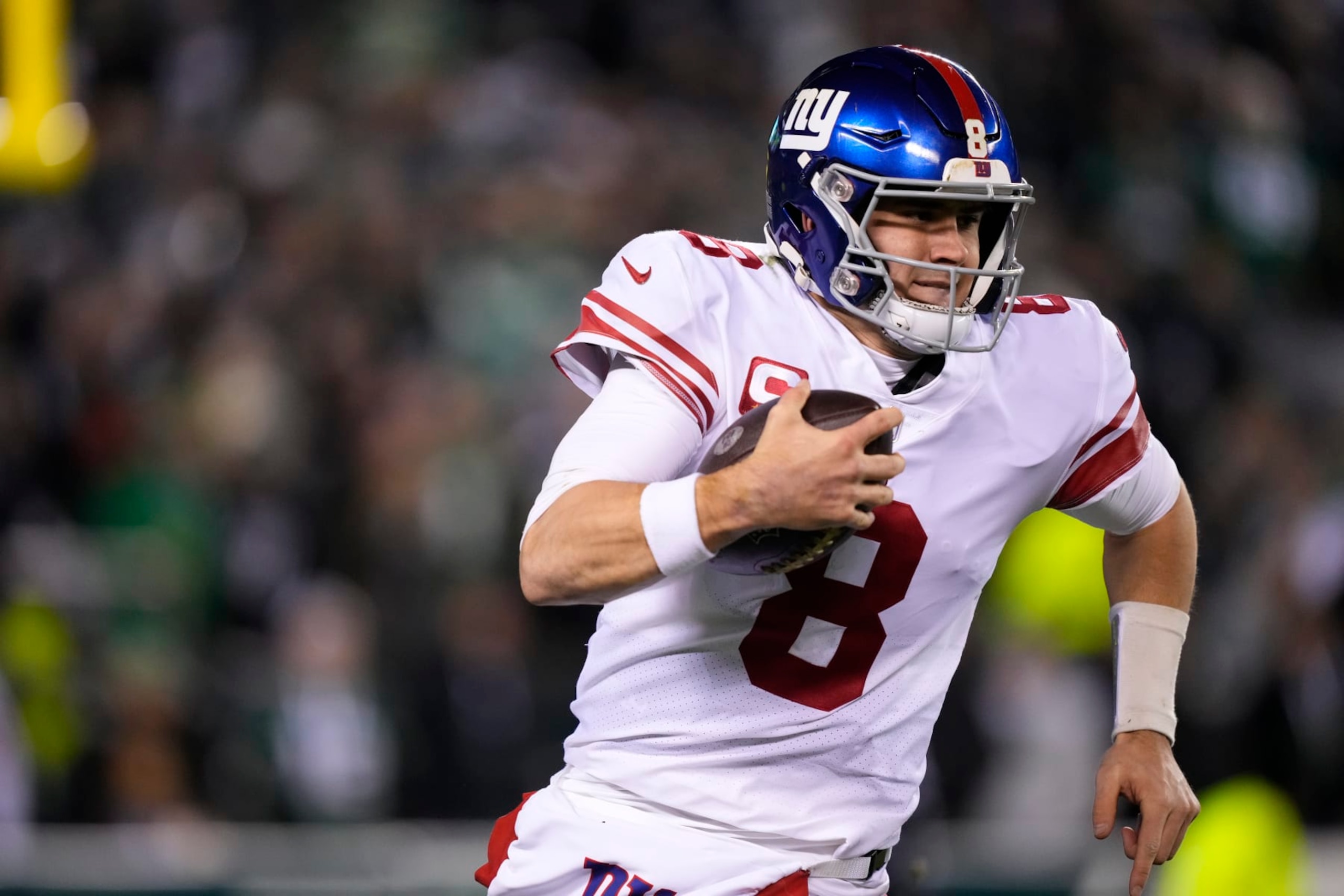 New York Giants quarterback Daniel Jones in action during an NFL divisional round playoff football game, Saturday, Jan. 21, 2023, in Philadelphia. (AP Photo/Matt Rourke)